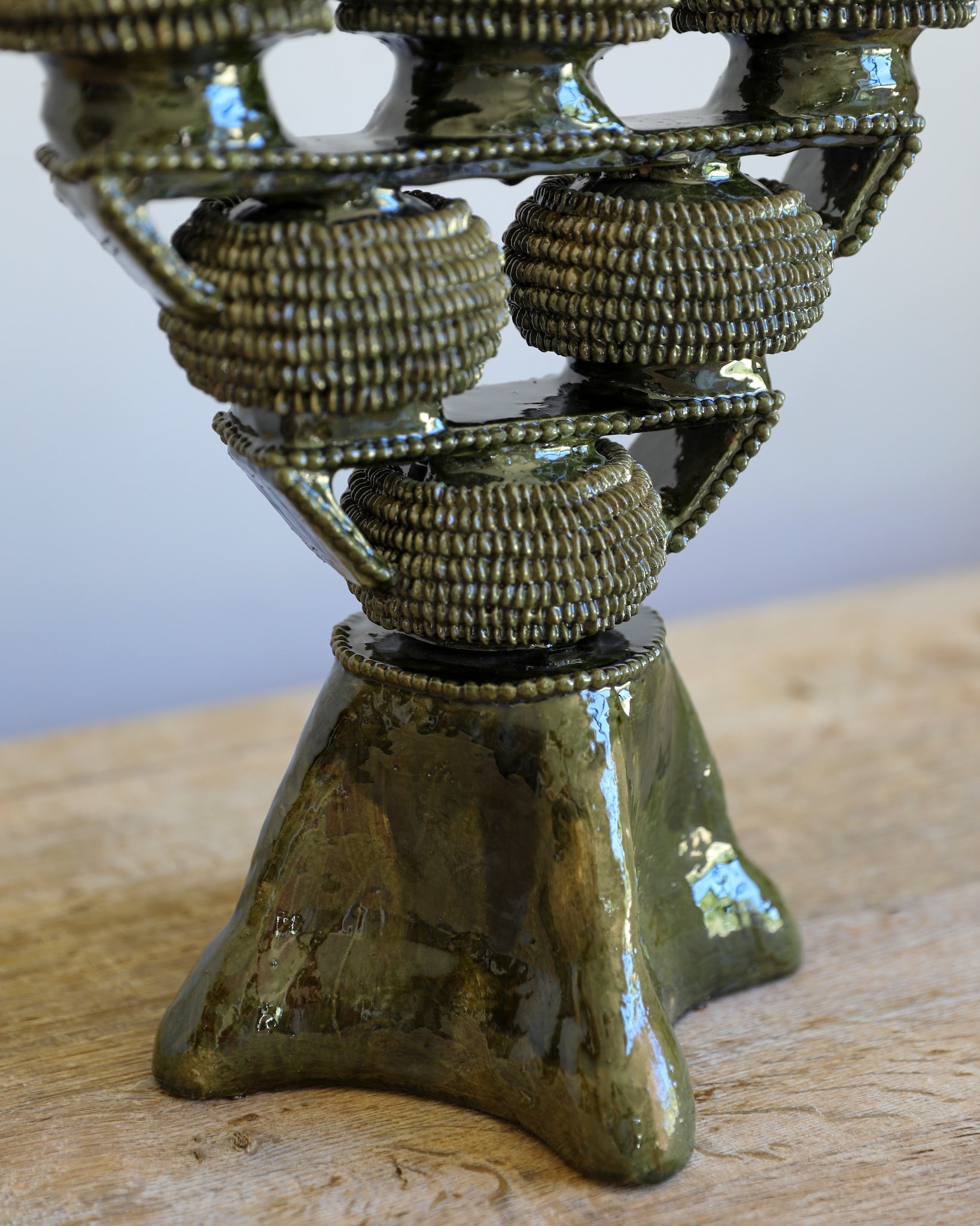 glazed terracotta ceramic candelabra candle holder green mexican detail