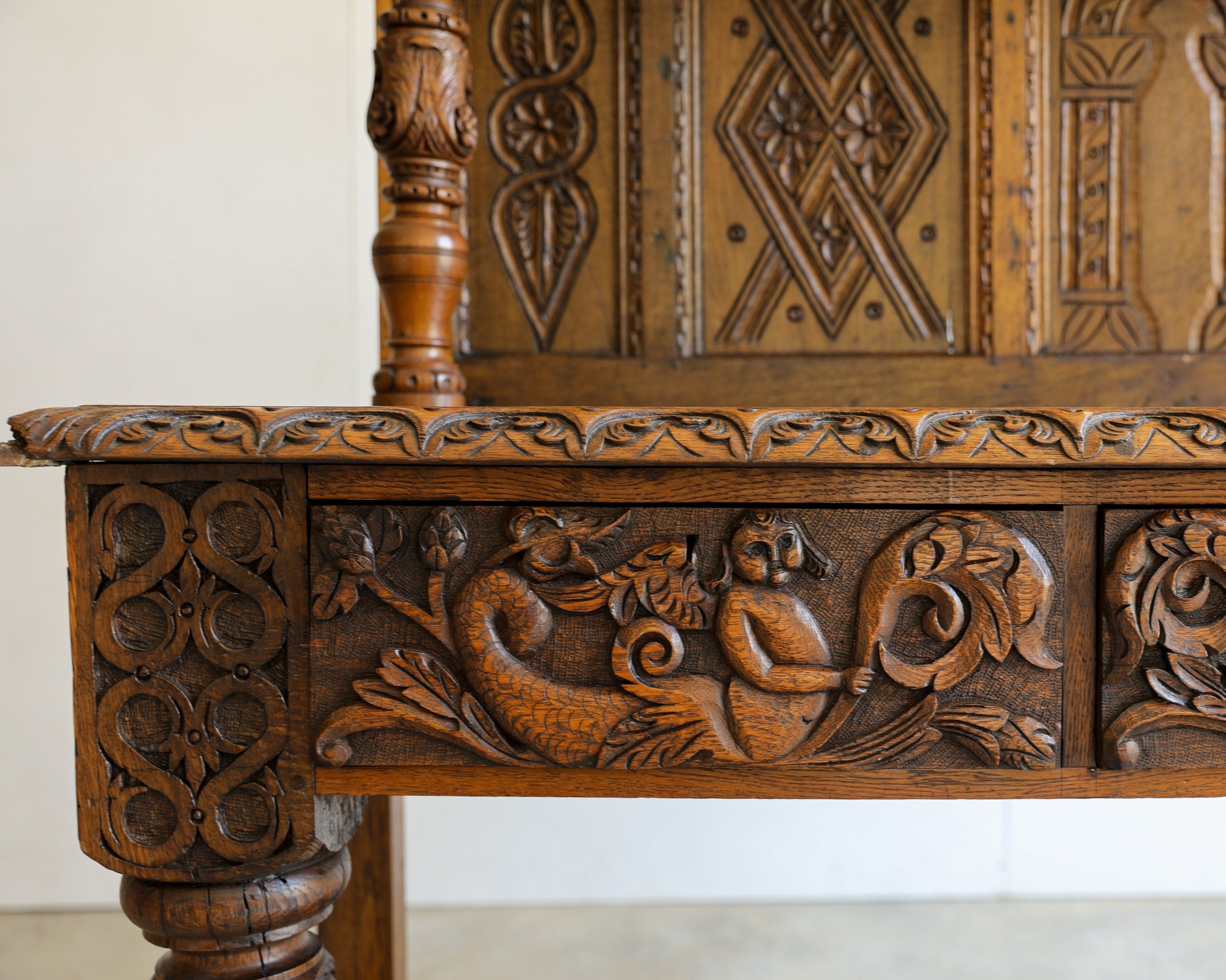 antique ornate carved sideboard mermaid merman detail counter shelf