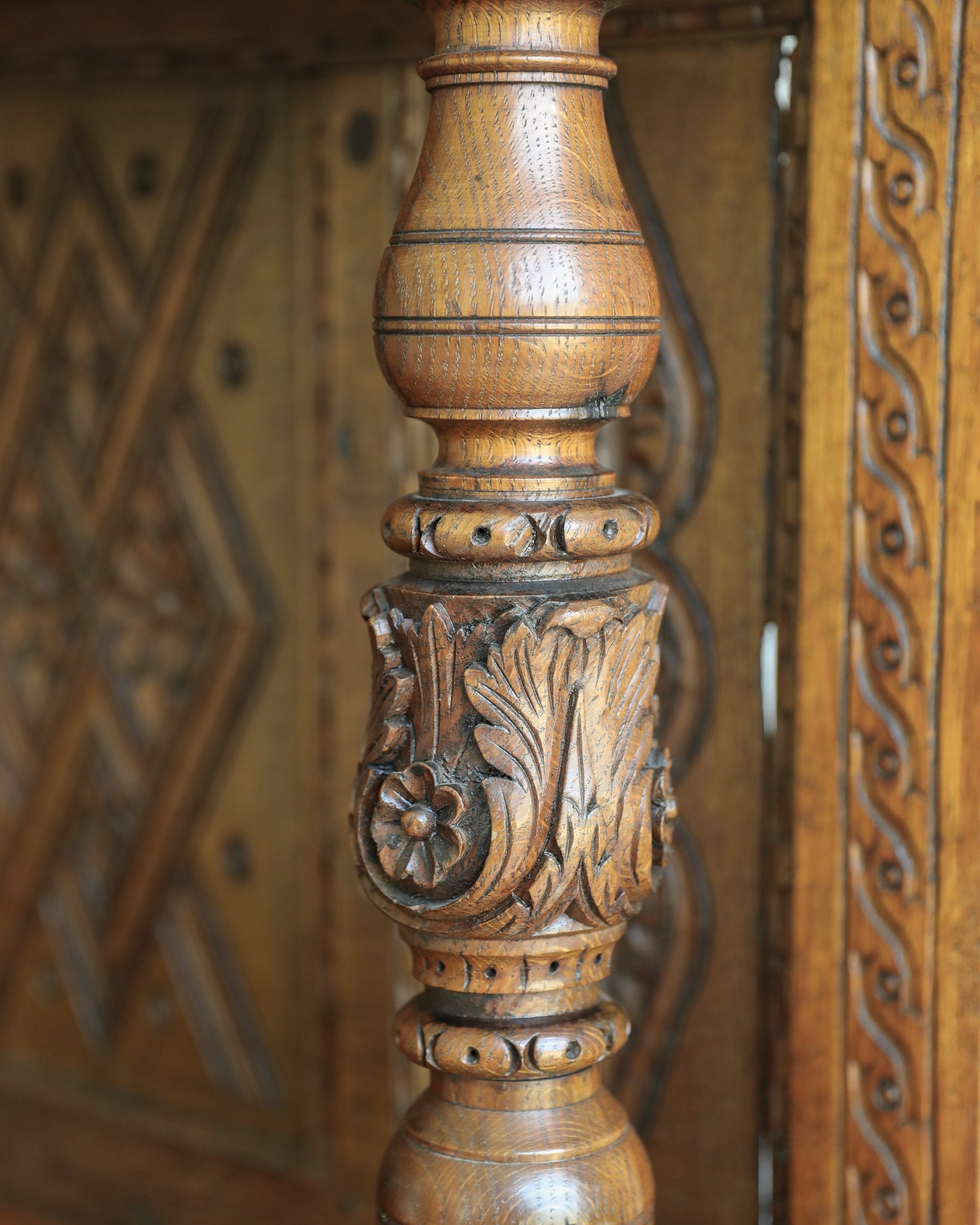 antique handcarved wood sideboard shelf detail carved flower closeup