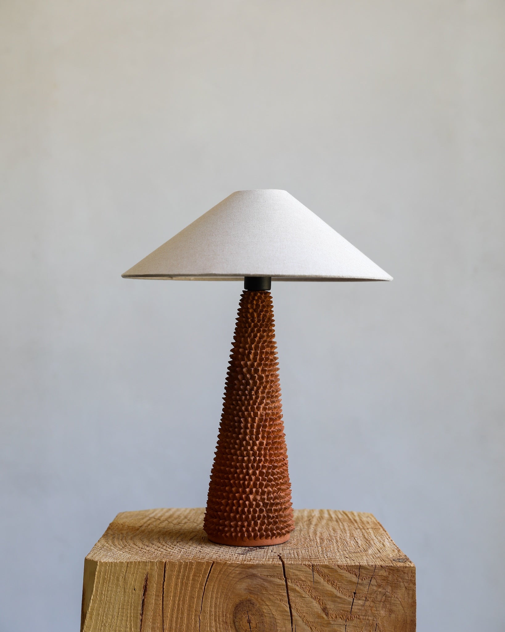 unglazed raw terracotta ceramic textural Mexican table lamp with linen shade light off