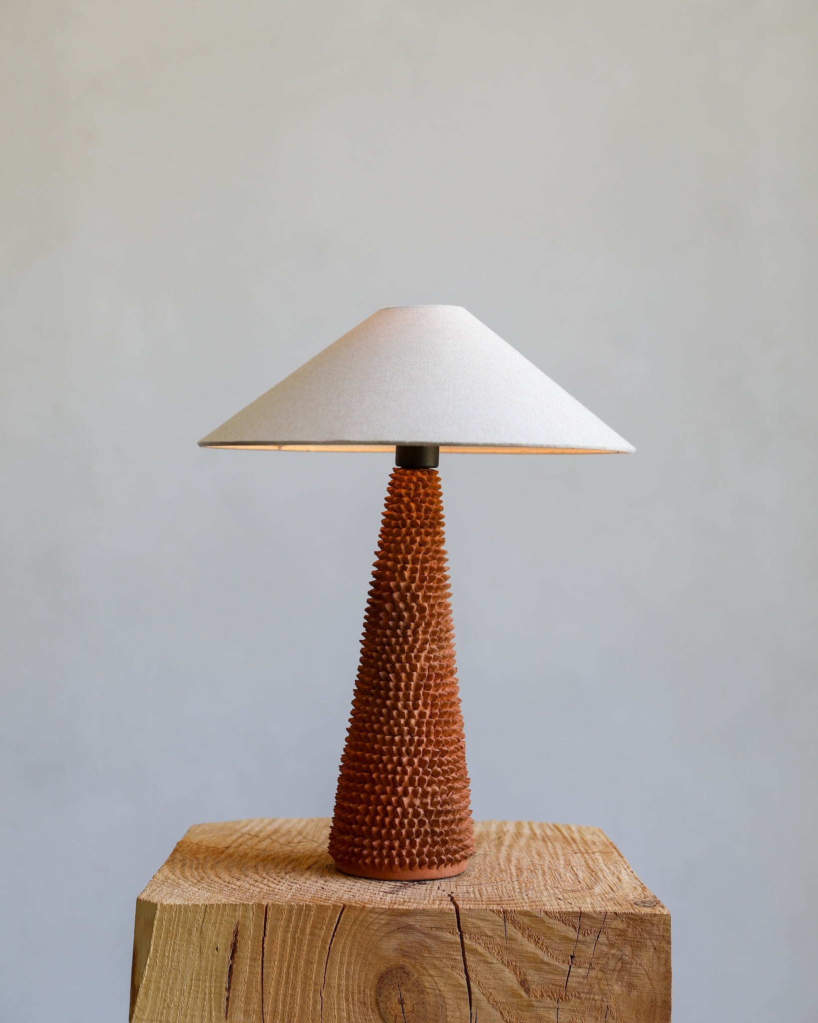 unglazed raw terracotta ceramic textural Mexican table lamp with linen shade light on