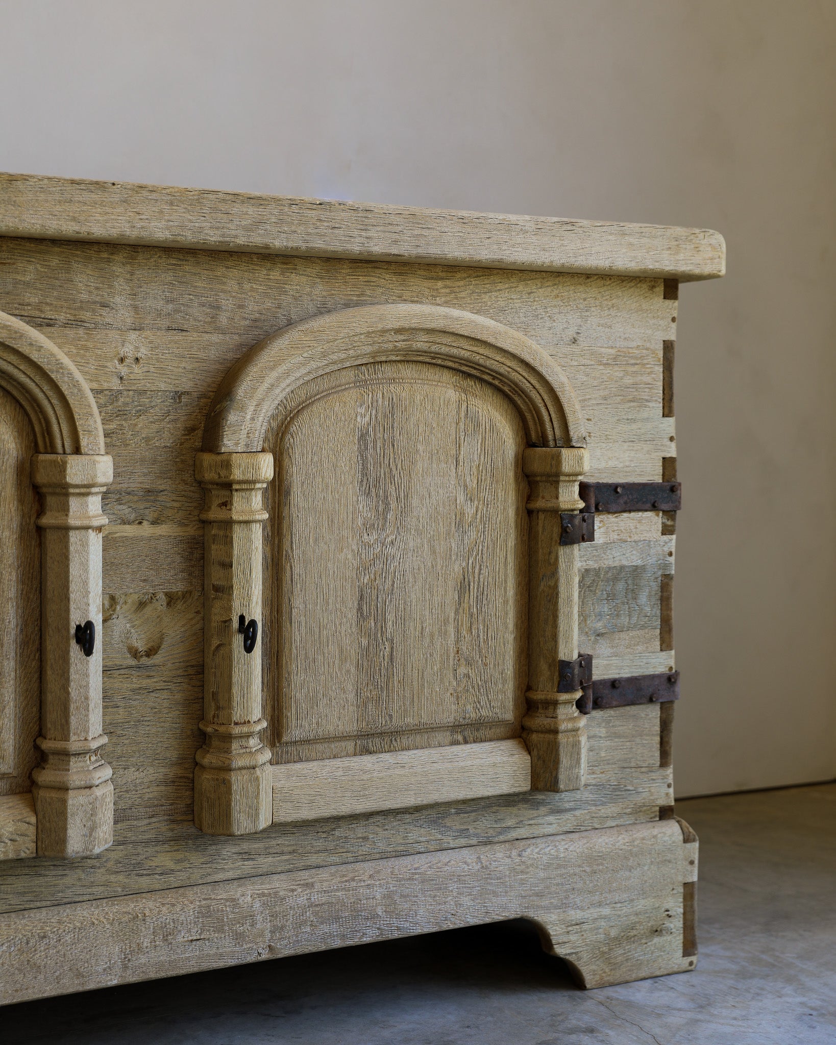 vintage french carved wood and iron highboard side detail