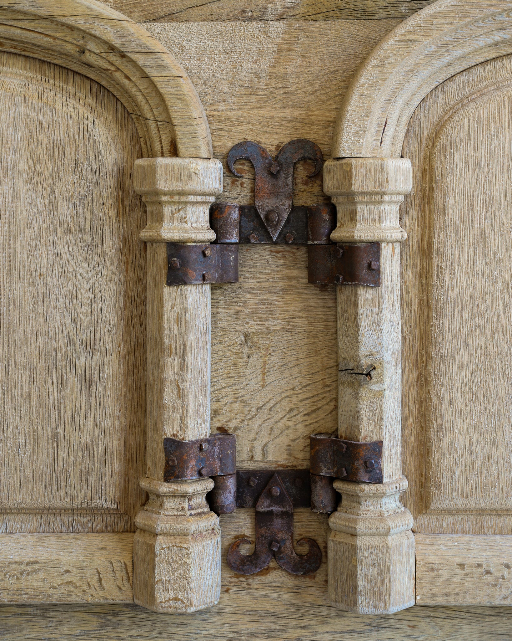 vintage french carved wood and iron highboard iron hinge detail