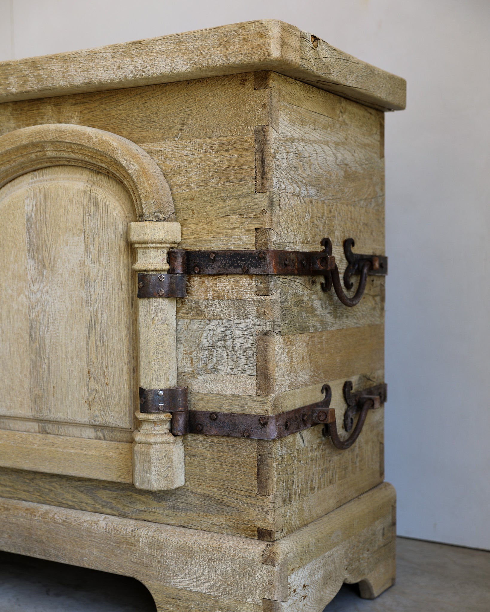 vintage french carved wood and iron highboard side handle detail