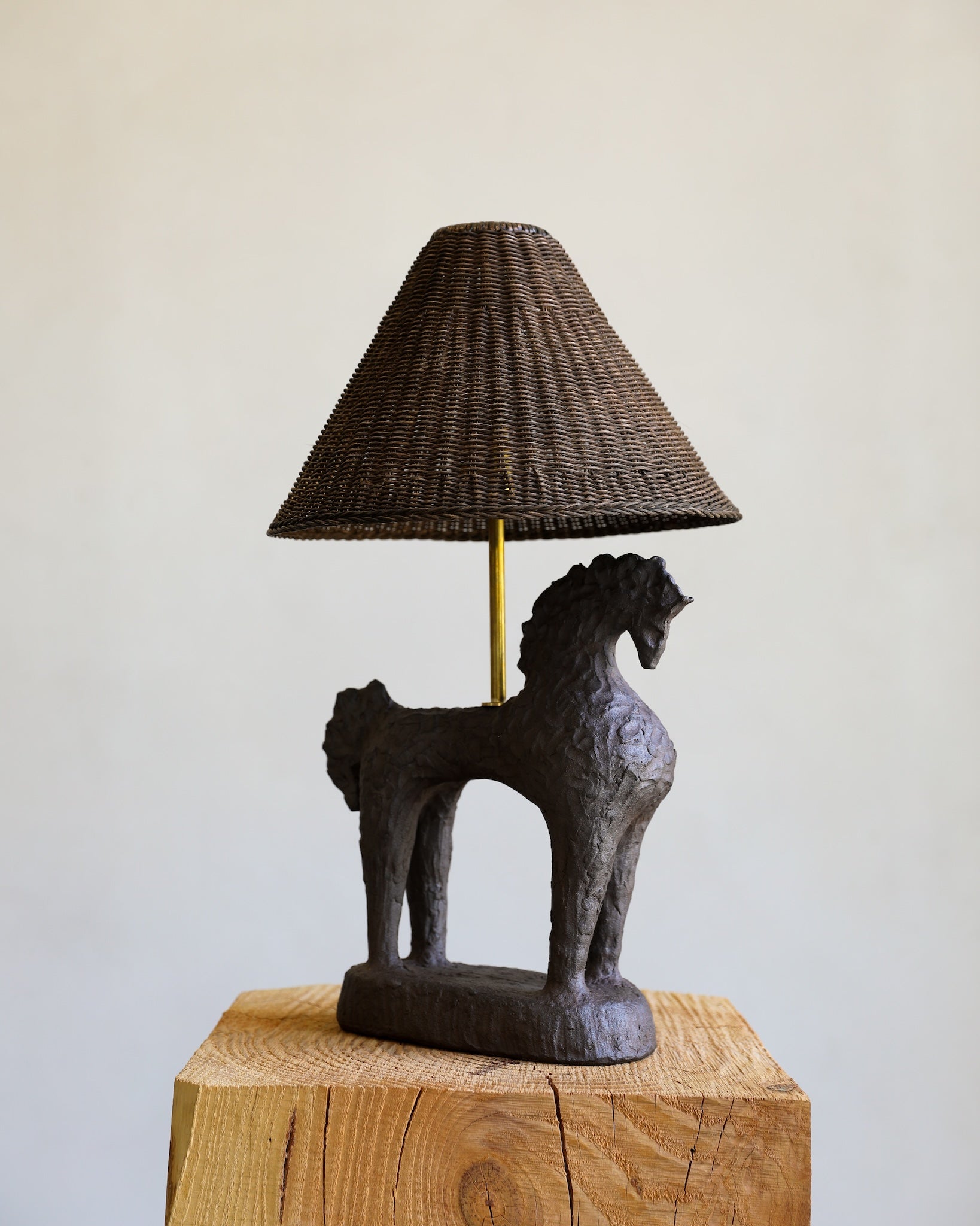 unglazed Fielding Clayworks handmade ceramic horse lamp custom wicker lampshade raw brass fittings table lamp