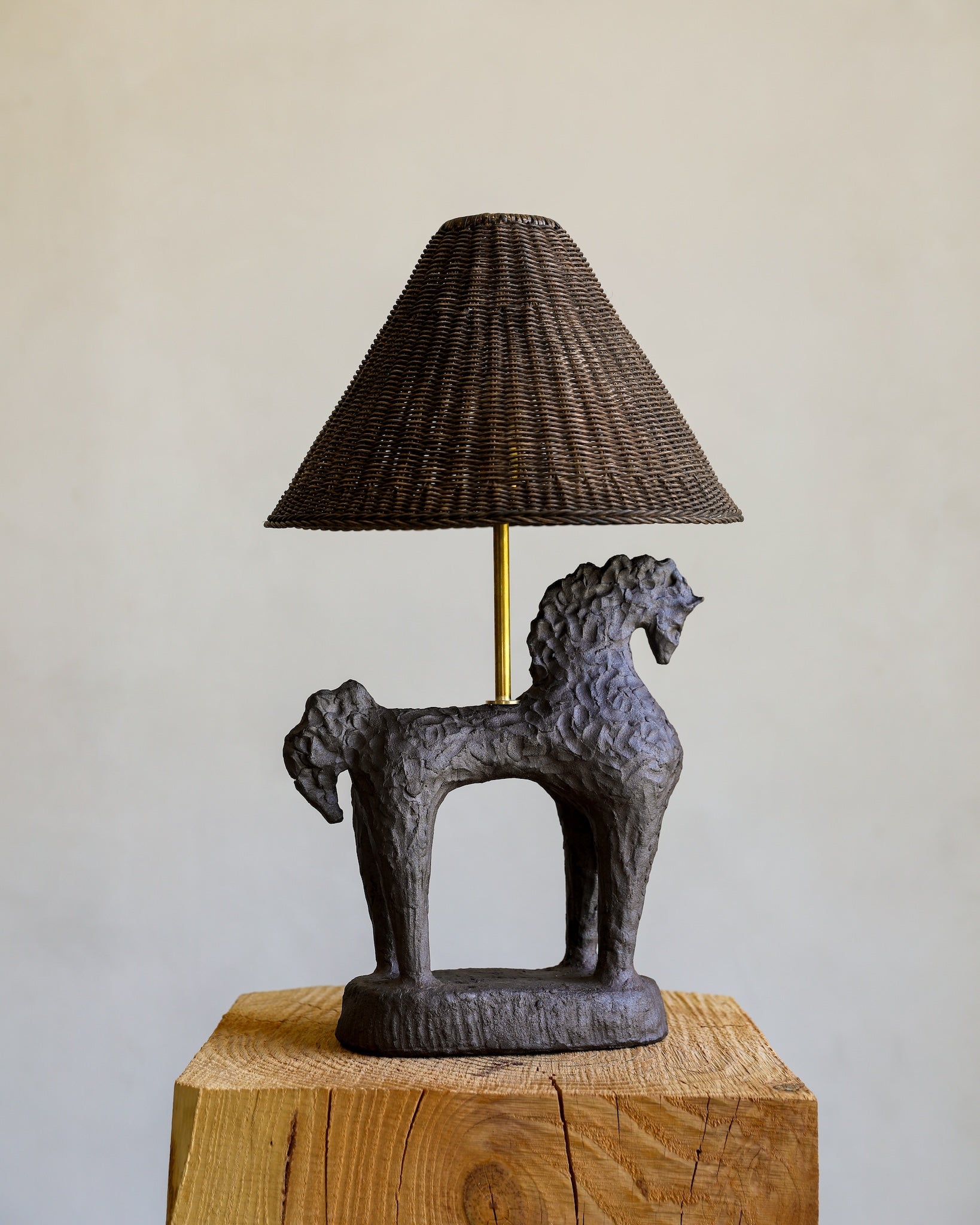 unglazed Fielding Clayworks handmade ceramic horse lamp custom wicker lampshade raw brass fittings table lamp