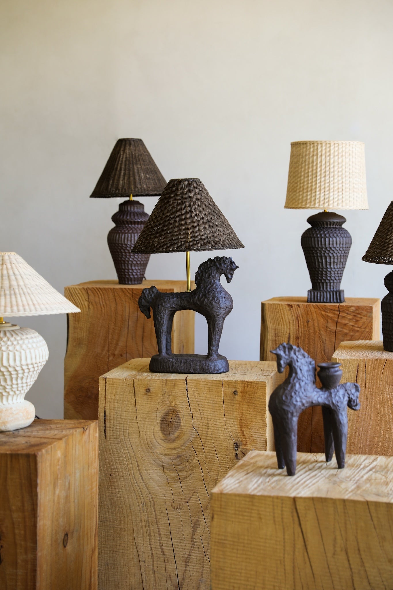unglazed Fielding Clayworks handmade ceramic horse lamp custom wicker lampshade raw brass fittings table lamp group