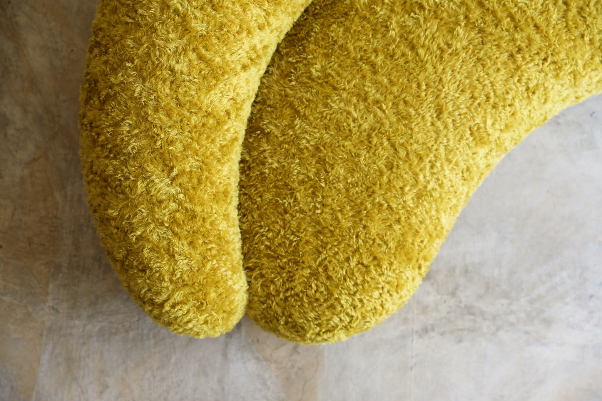 vintage Julep Sofa from Taccini recovered in a brilliant, rich yellow Argo wool mohair from Raf Simmons overhead
