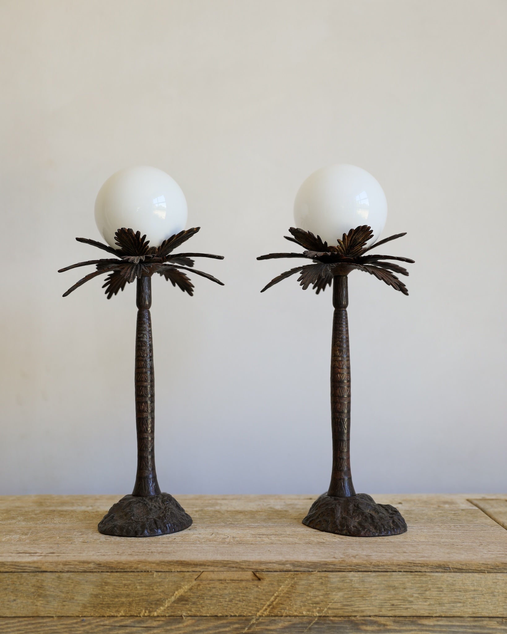 vintage hollywood regency bronze unique palm tree table lamp pair glass globe lights