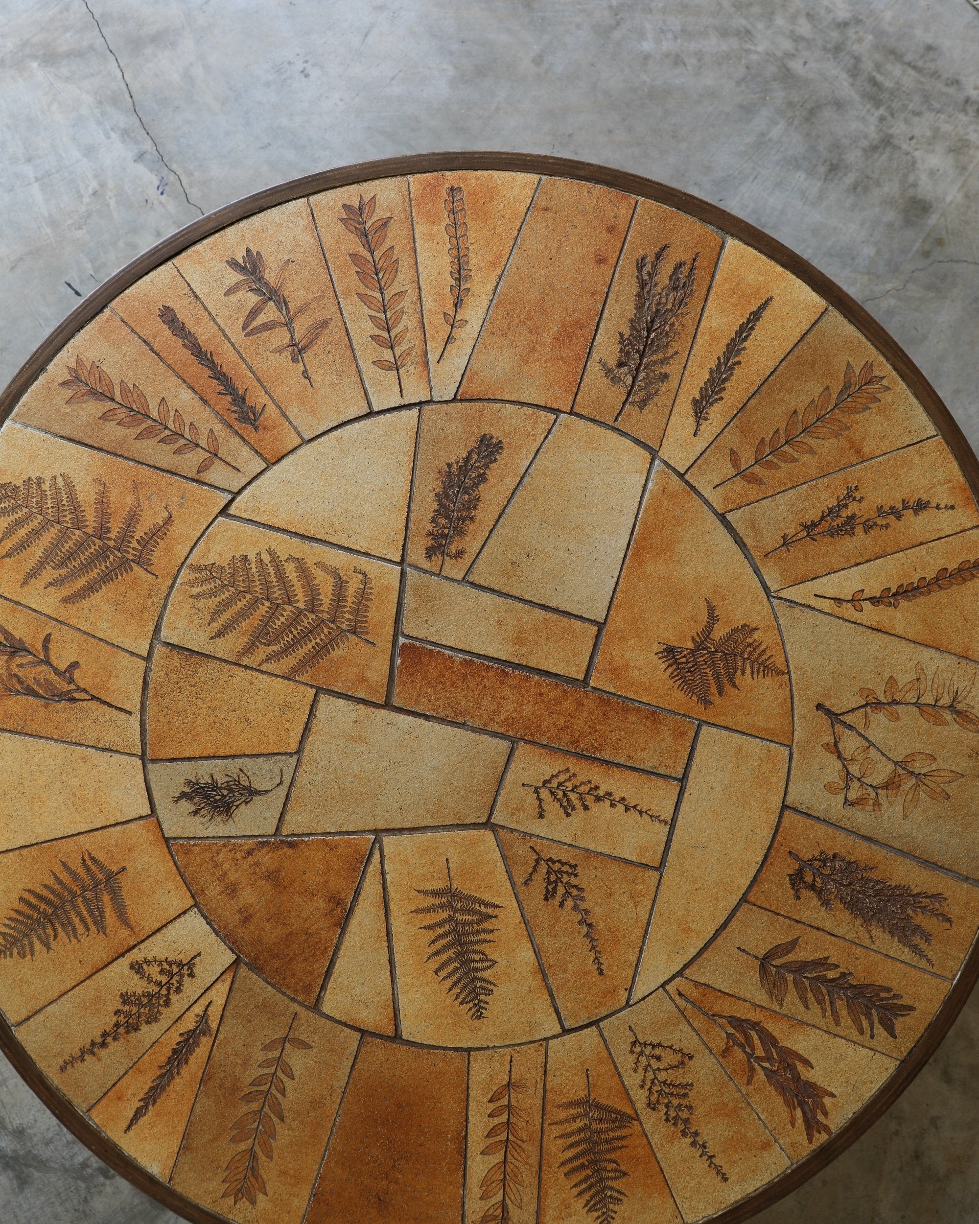 vintage french Raymonde Leduc Vallauris wood and handmade ceramic Coffee Table with leaf imprints marked and signed overhead
