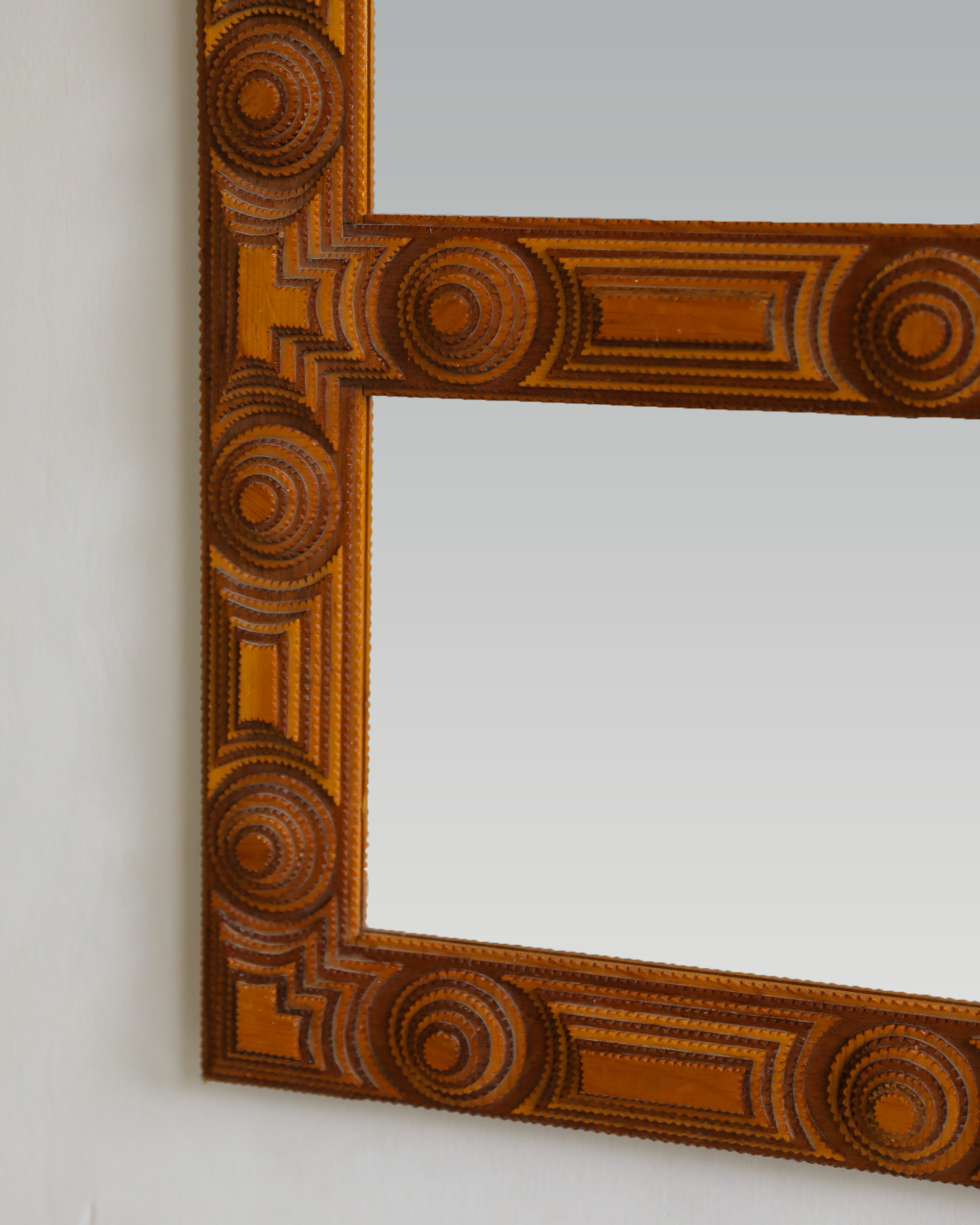 vintage tramp art mirror carved detail