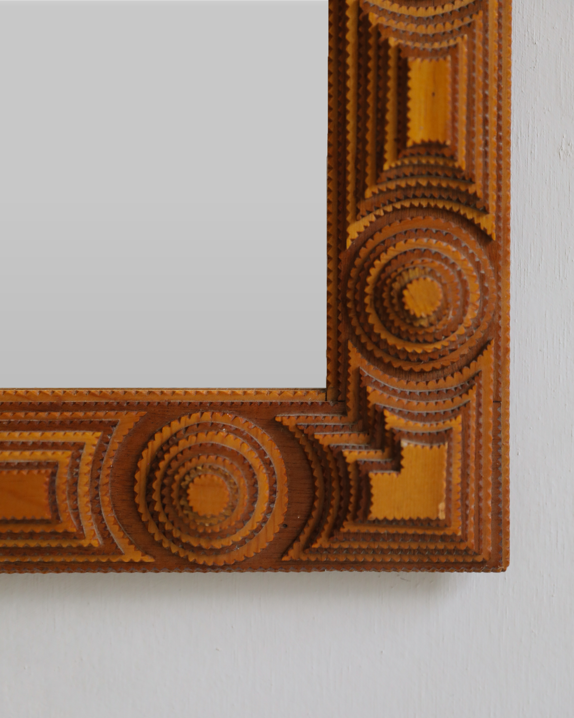 vintage handcarved tramp art mirror closeup detail