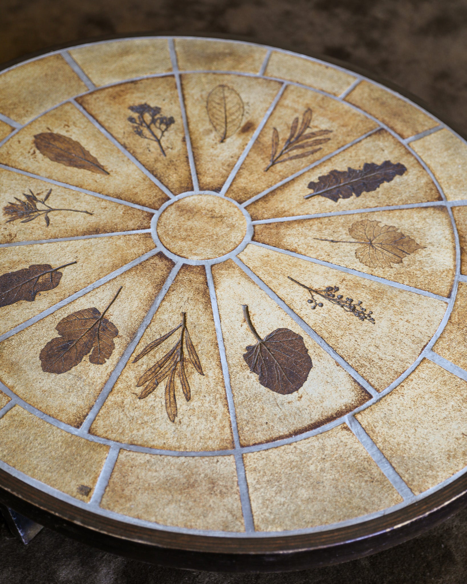 vintage french Roger Capron wood and handmade ceramic Coffee Table with leaf imprints marked and signed