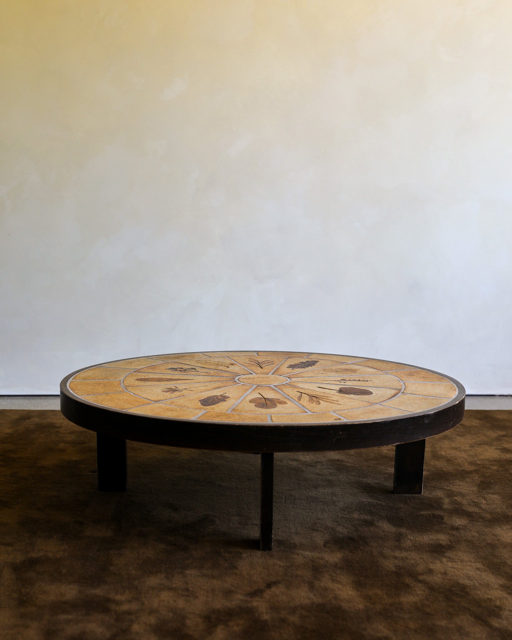 vintage french Roger Capron wood and handmade ceramic Coffee Table with leaf imprints marked and signed