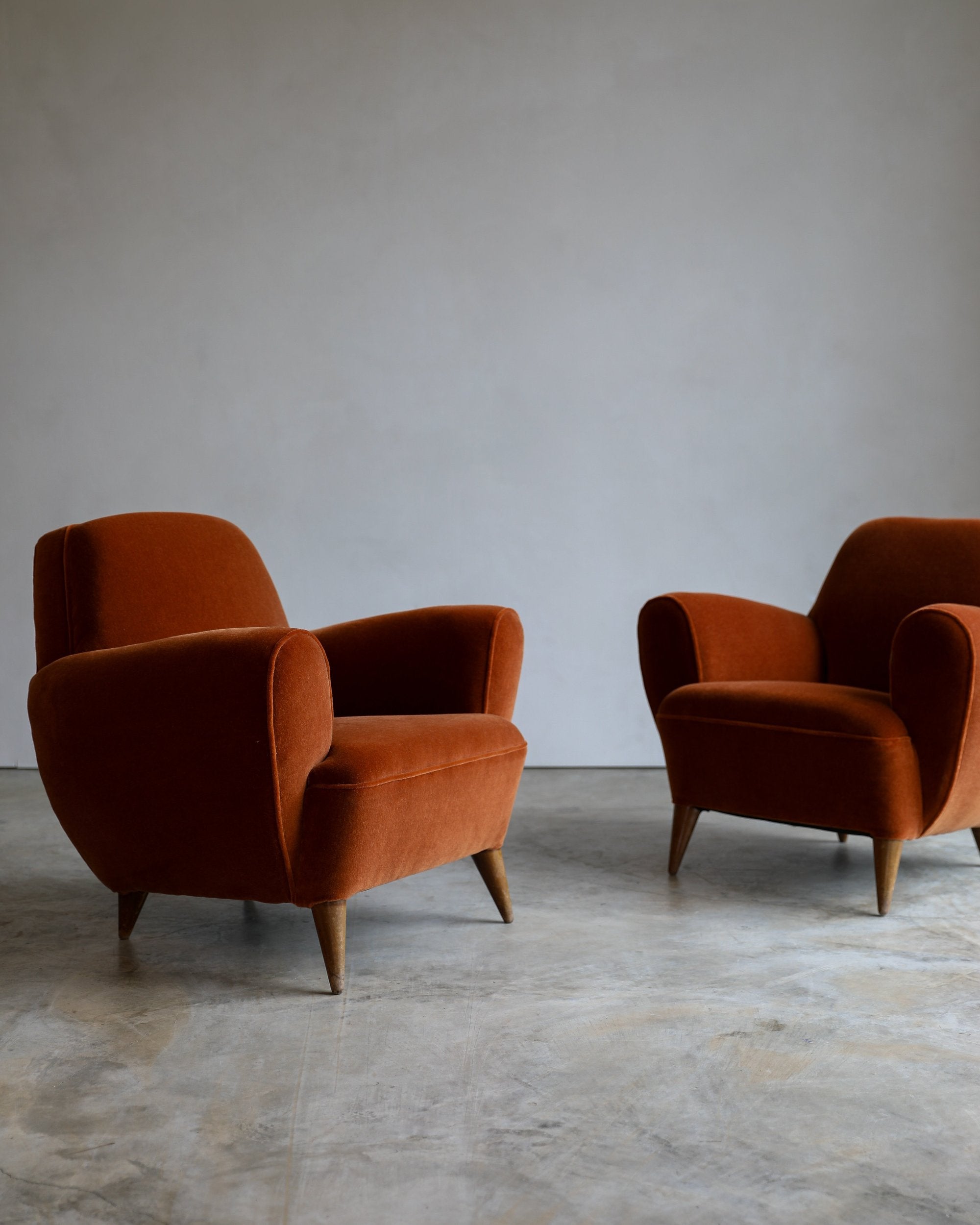 side view velvet 1940s french club chair pair