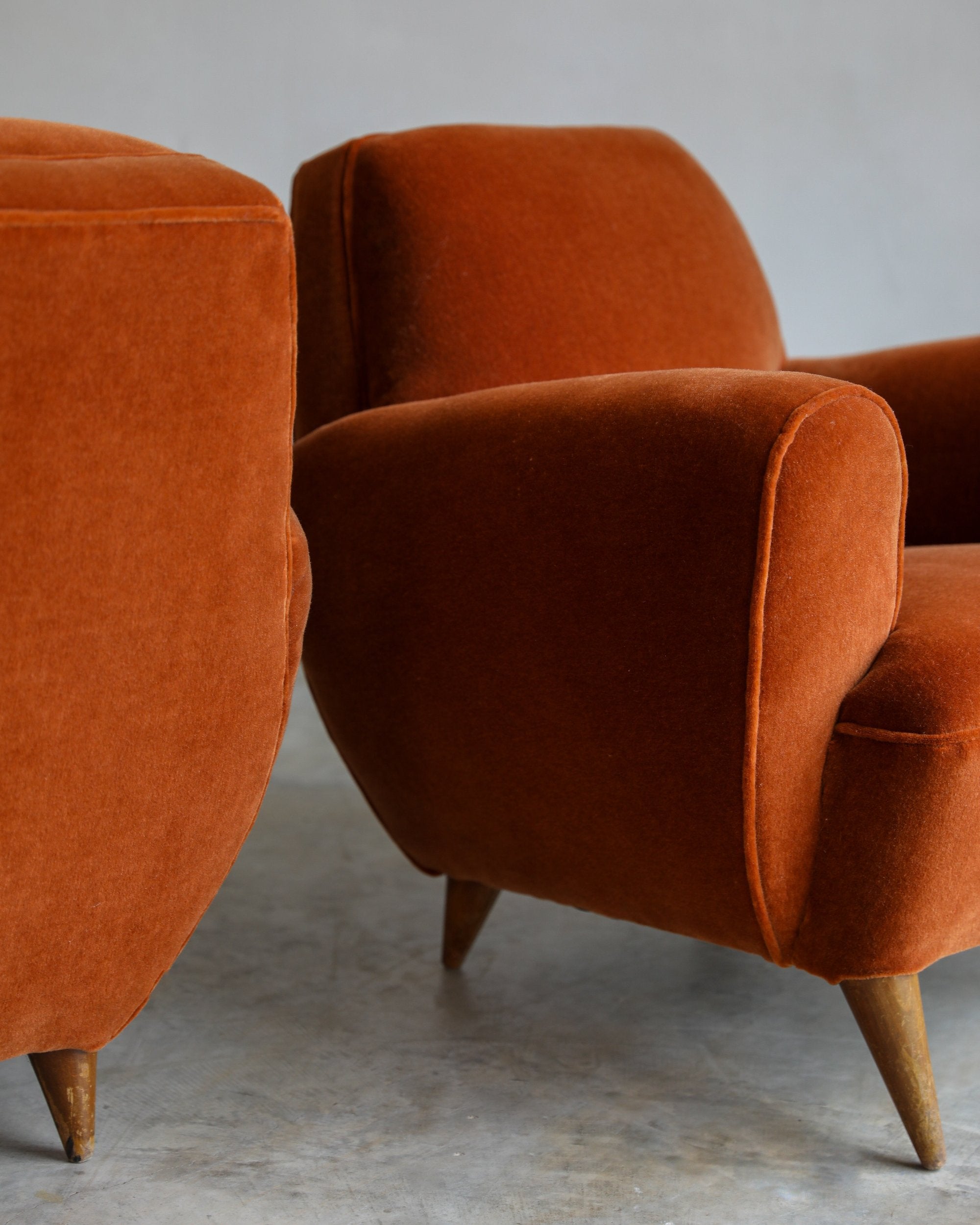 close up velvet 1940s french club chair pair