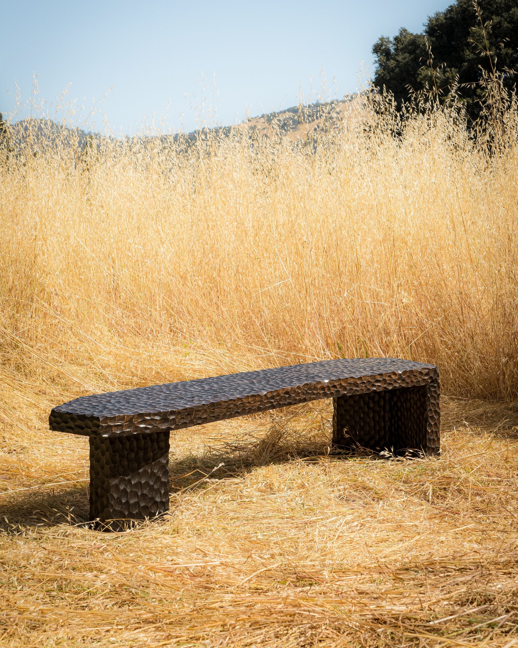 carved wood haus of hommeboys ocotillo bench in natural sonoma field