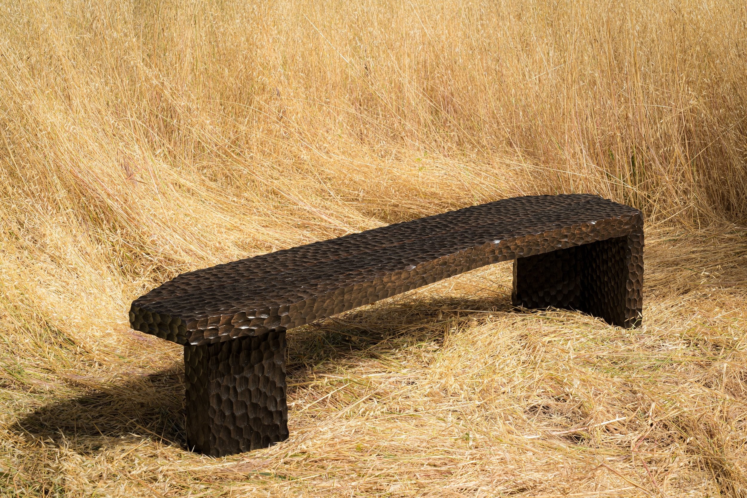 carved wood haus of hommeboys ocotillo bench in natural sonoma field