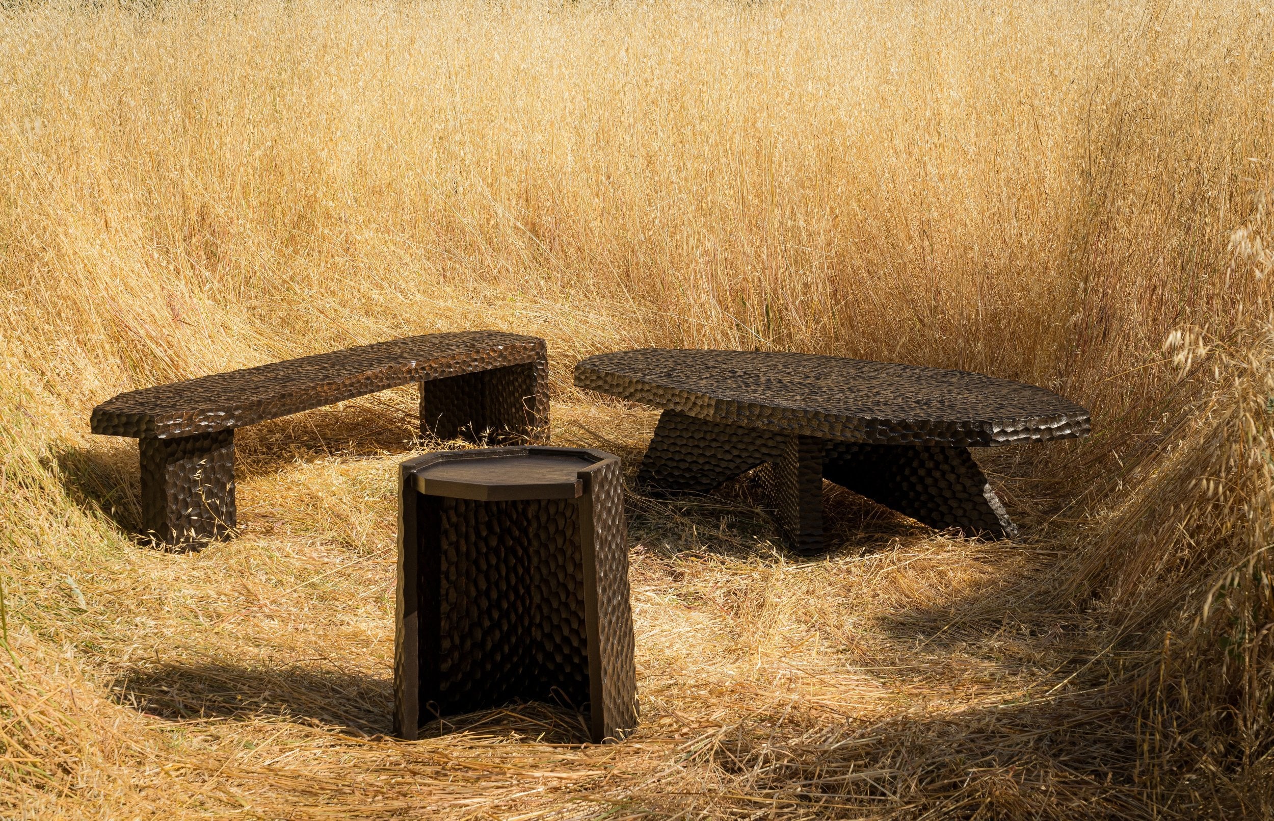 carved wood haus of hommeboys ocotillo bench in natural sonoma field