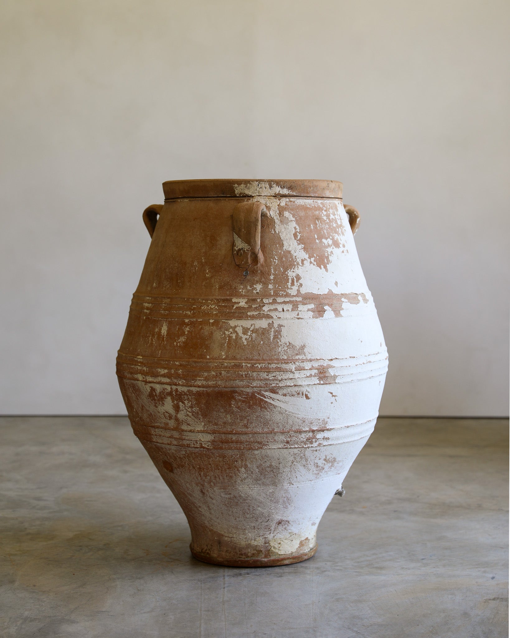 antique white turkish handled olive jar with etching details and natural patina