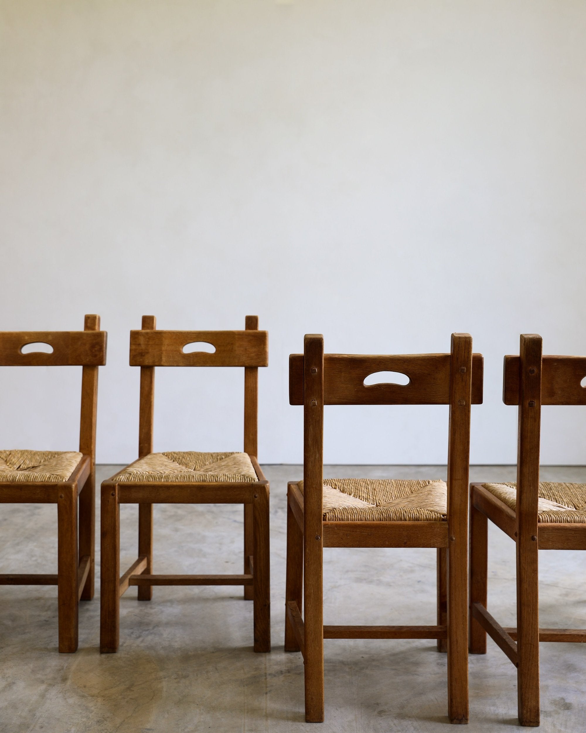 french brutalist rush and wood dining chair front and back detail