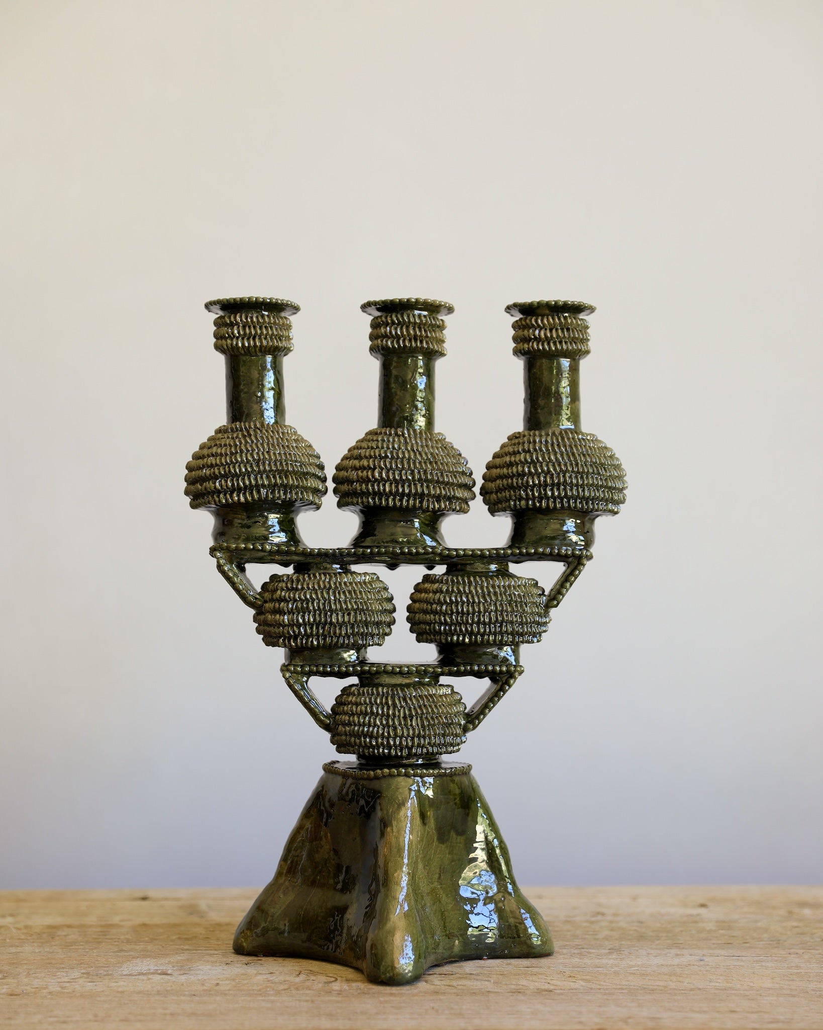 green glazed terracotta ceramic textural candelabra candle holder Mexico marva