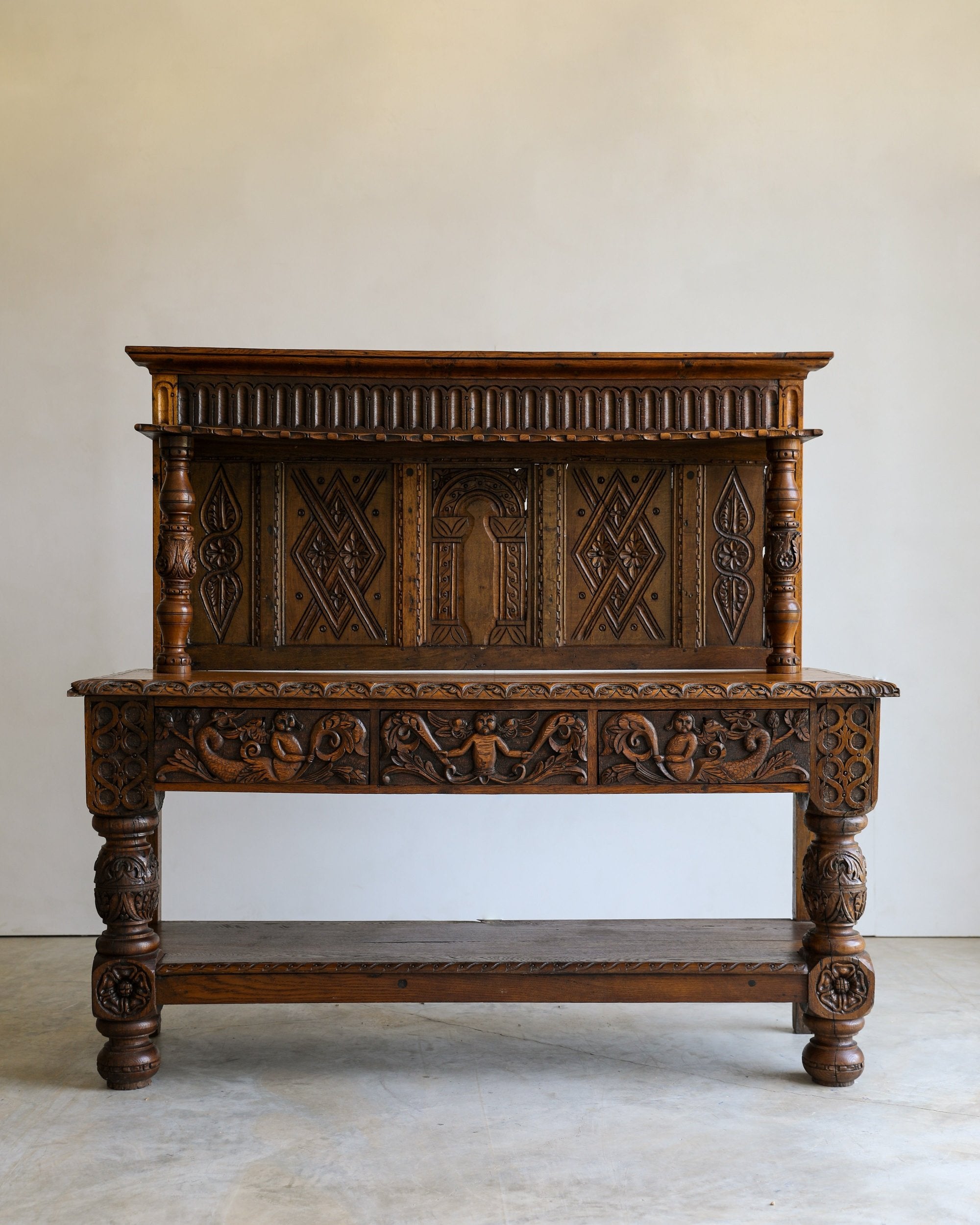 ornate handcarved antique wood sideboard with shelf display full image