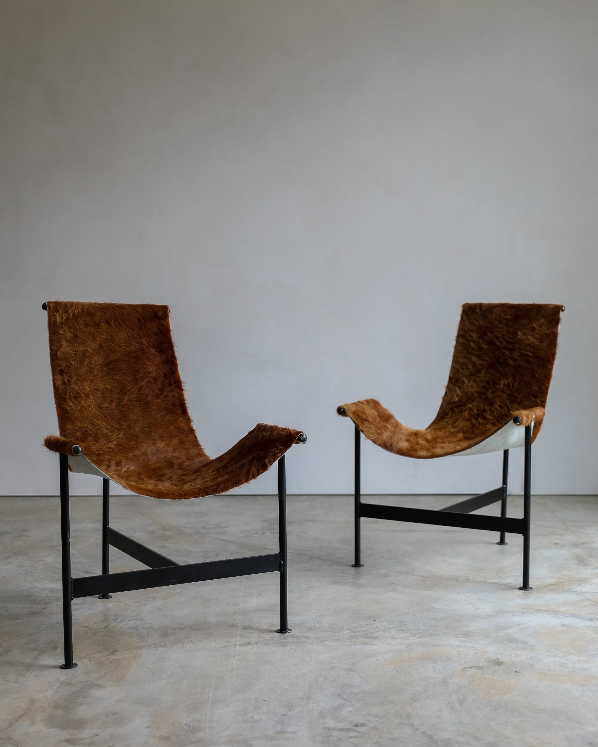 vintage cowhide brown t sling chair metal frame lounge chair pair