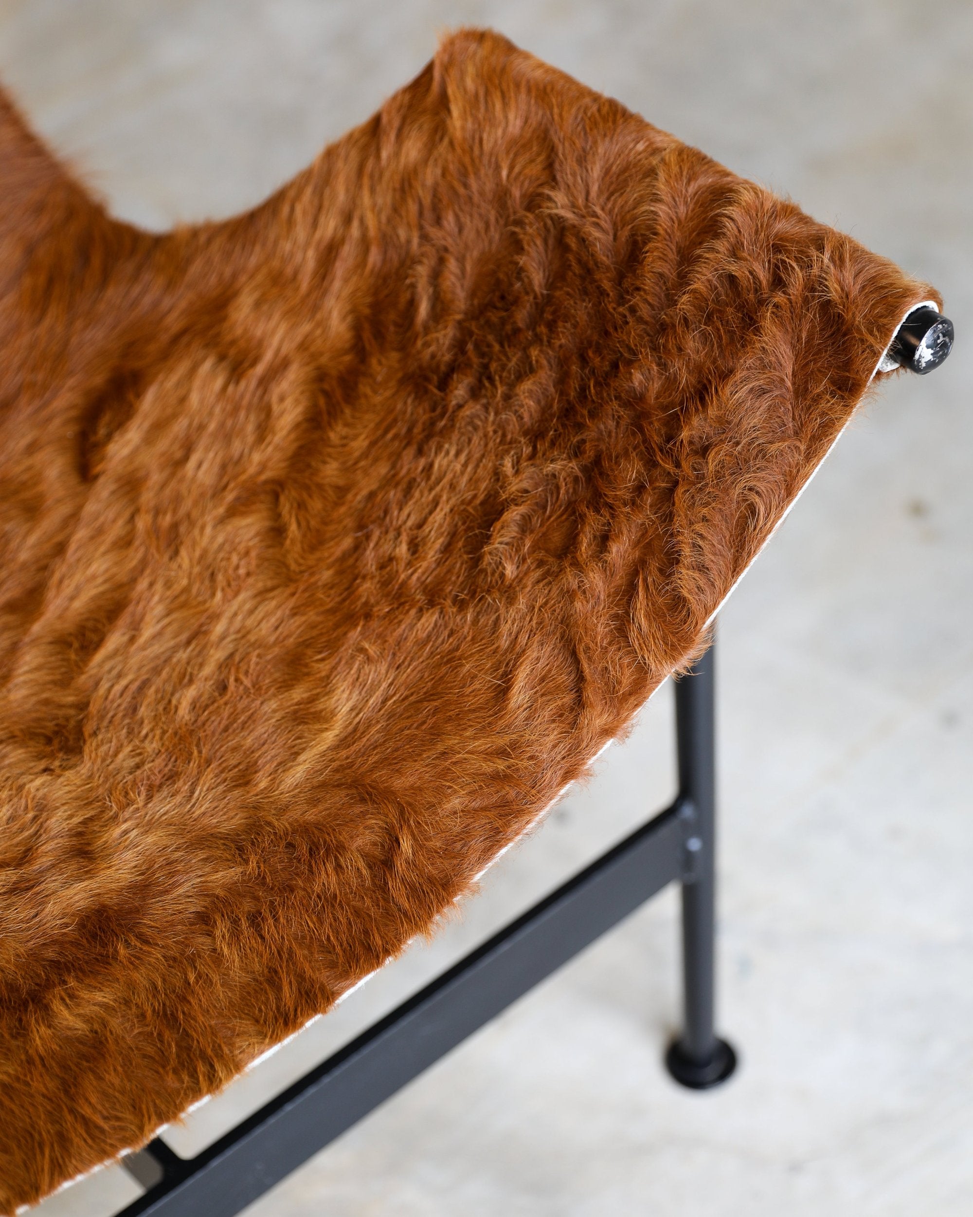 vintage cowhide brown t sling chair metal frame lounge chair seat detail