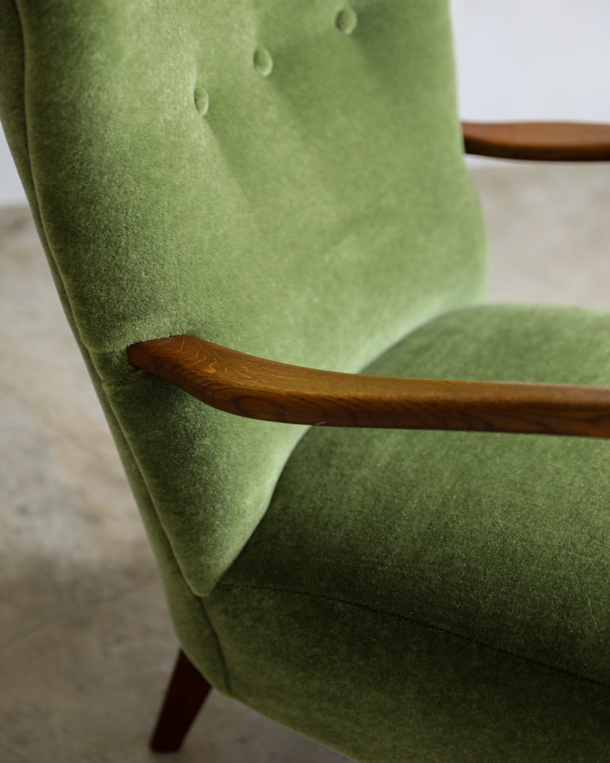 haus of hommeboys vintage green pierre frey teddy mohair danish lounge chair arm detail