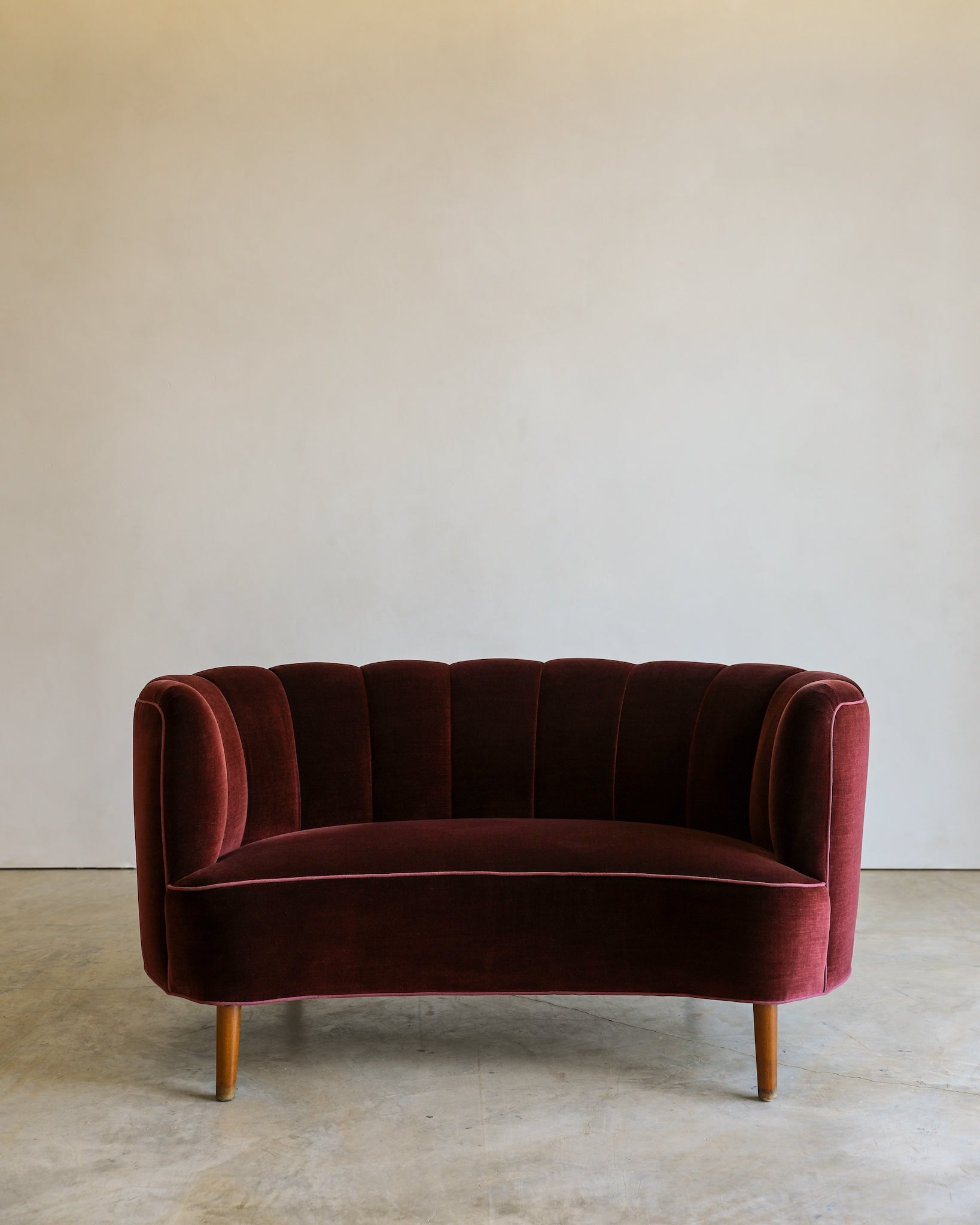 vintage reupholstered velvet channel tufted settee sofa with wooden feet