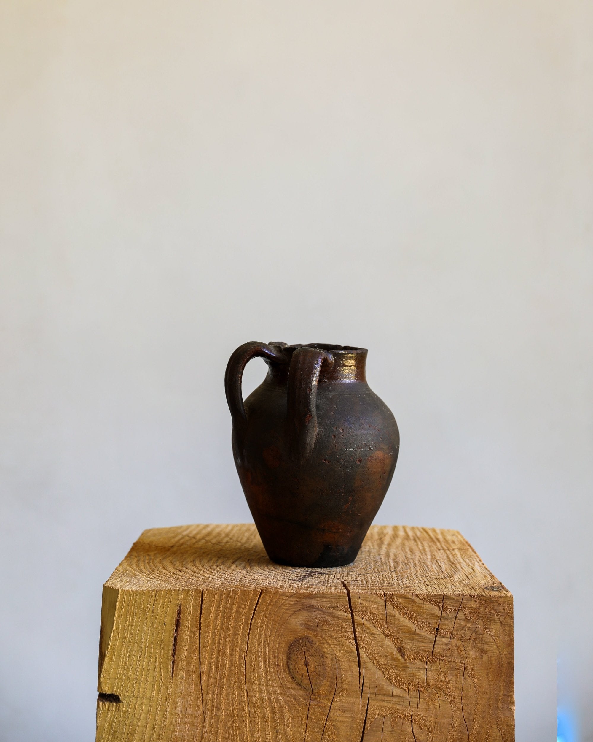 two handled vintage antique glazed terracotta pot dark brown and umber patina