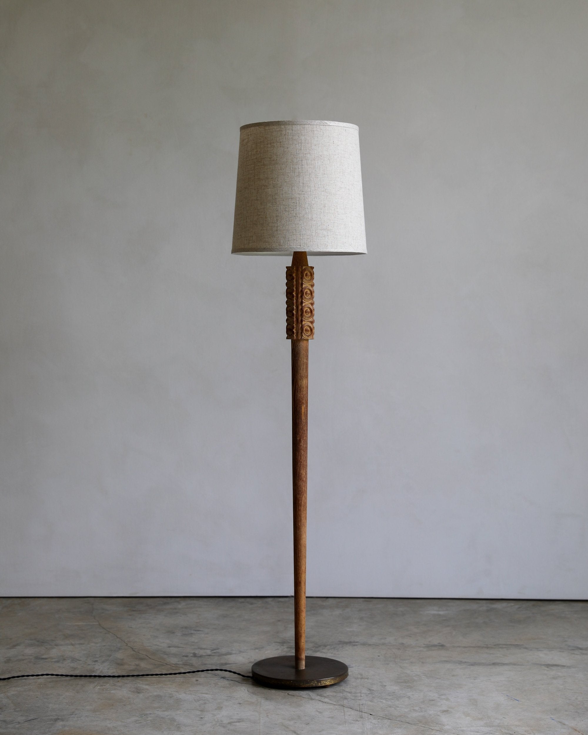 vintage carved wood and patina brass floor lamp with linen shade