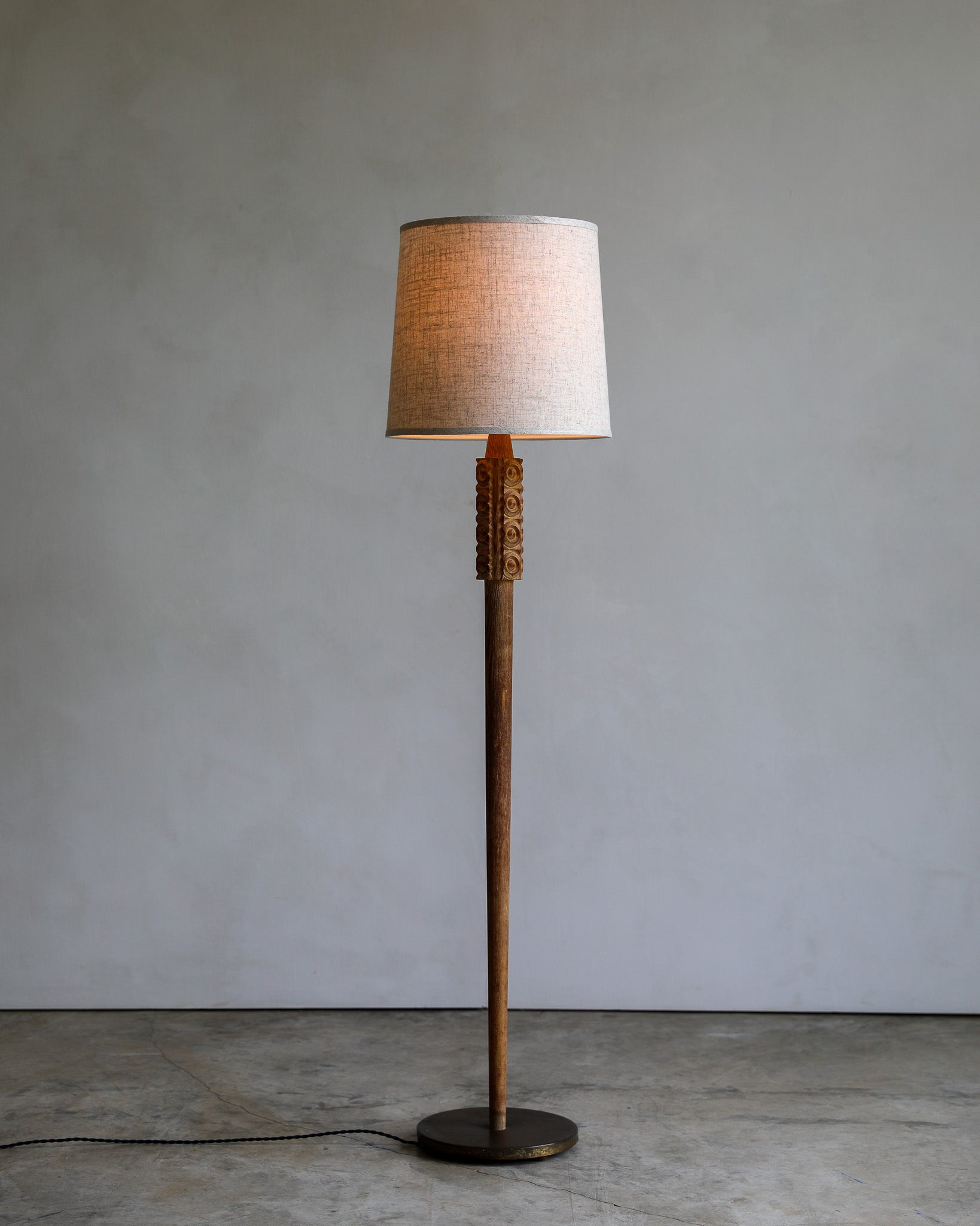 vintage carved wood and patina brass floor lamp with linen shade