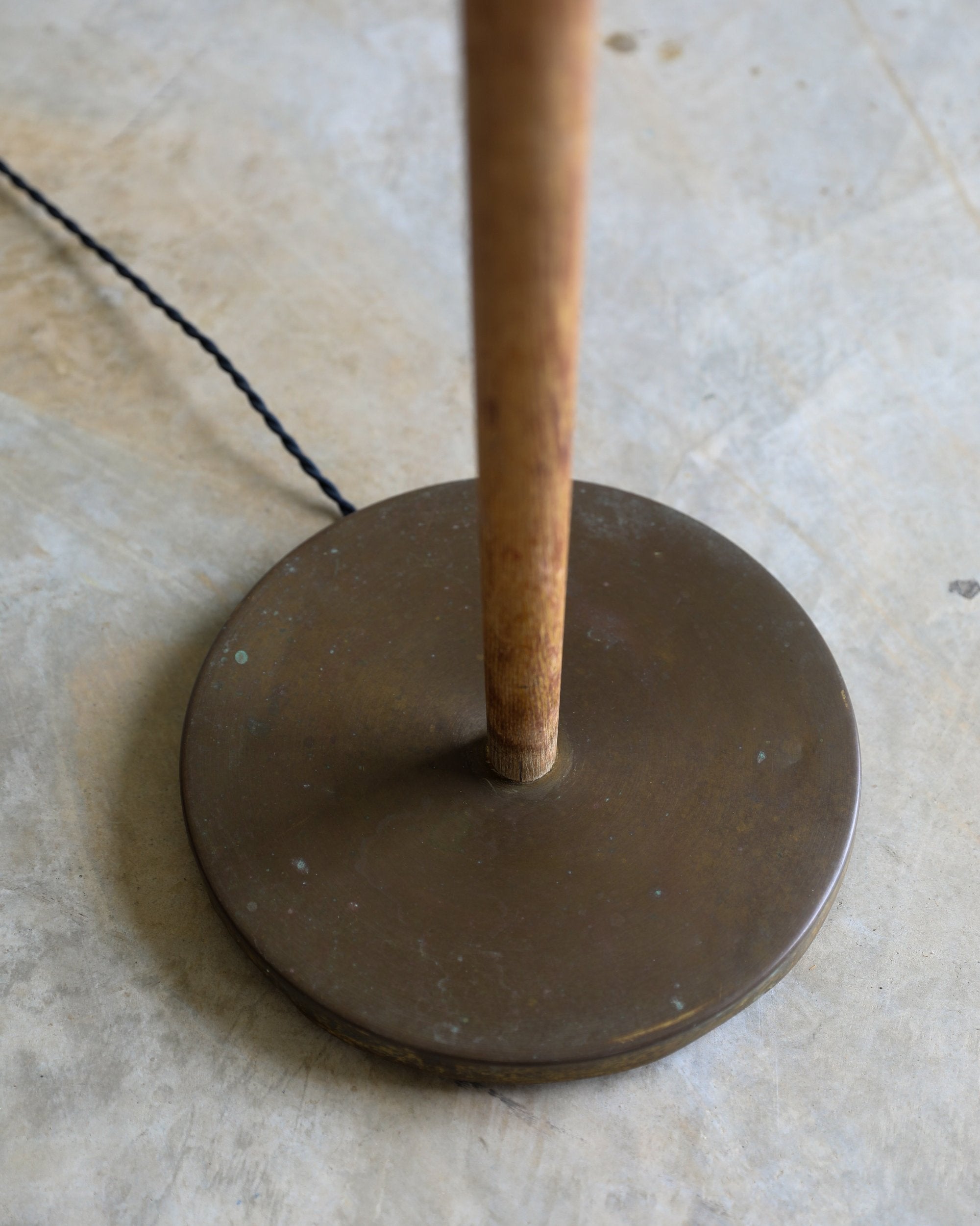 vintage carved wood and patina brass floor lamp with linen shade base detail