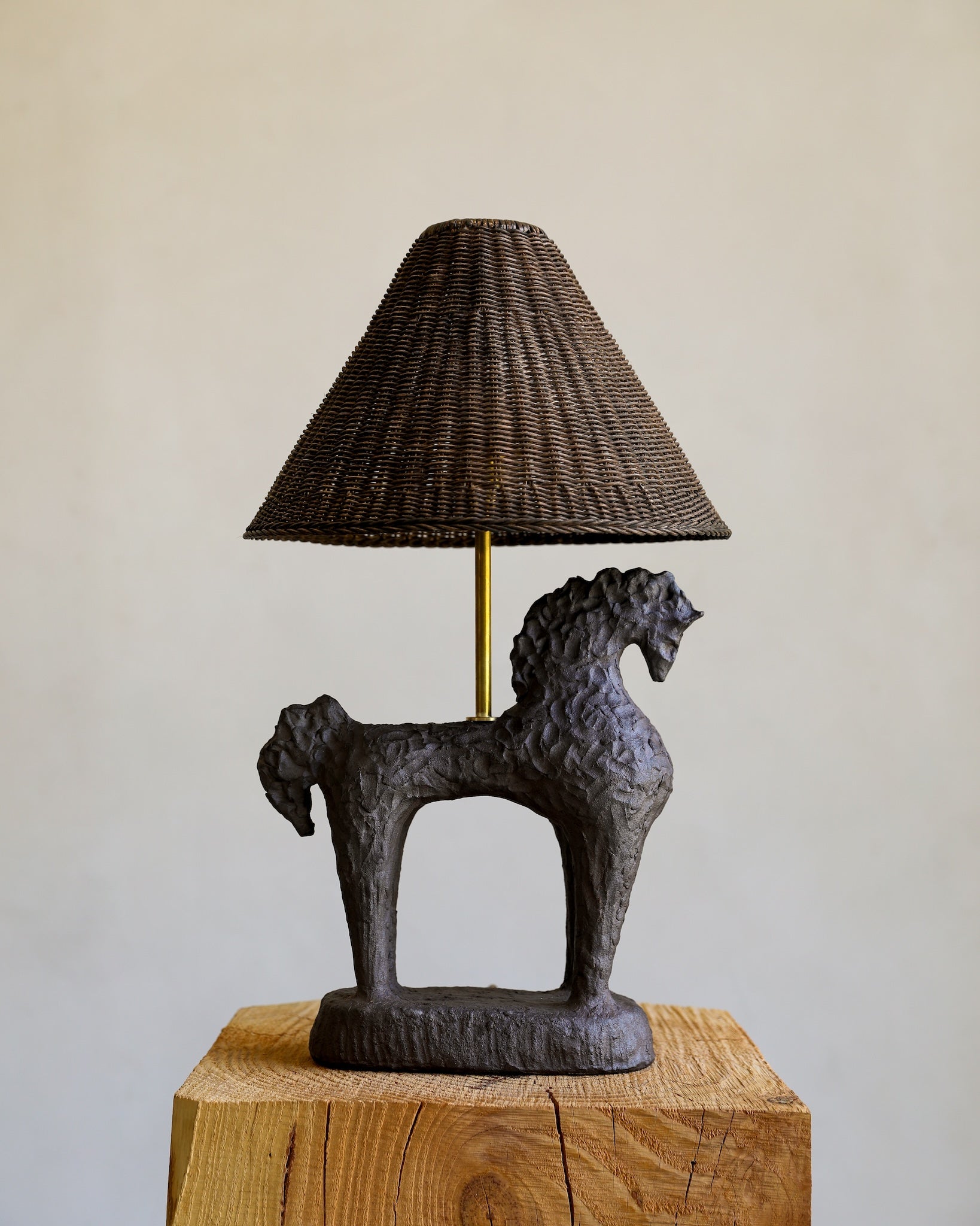 unglazed Fielding Clayworks handmade ceramic horse lamp custom wicker lampshade raw brass fittings table lamp