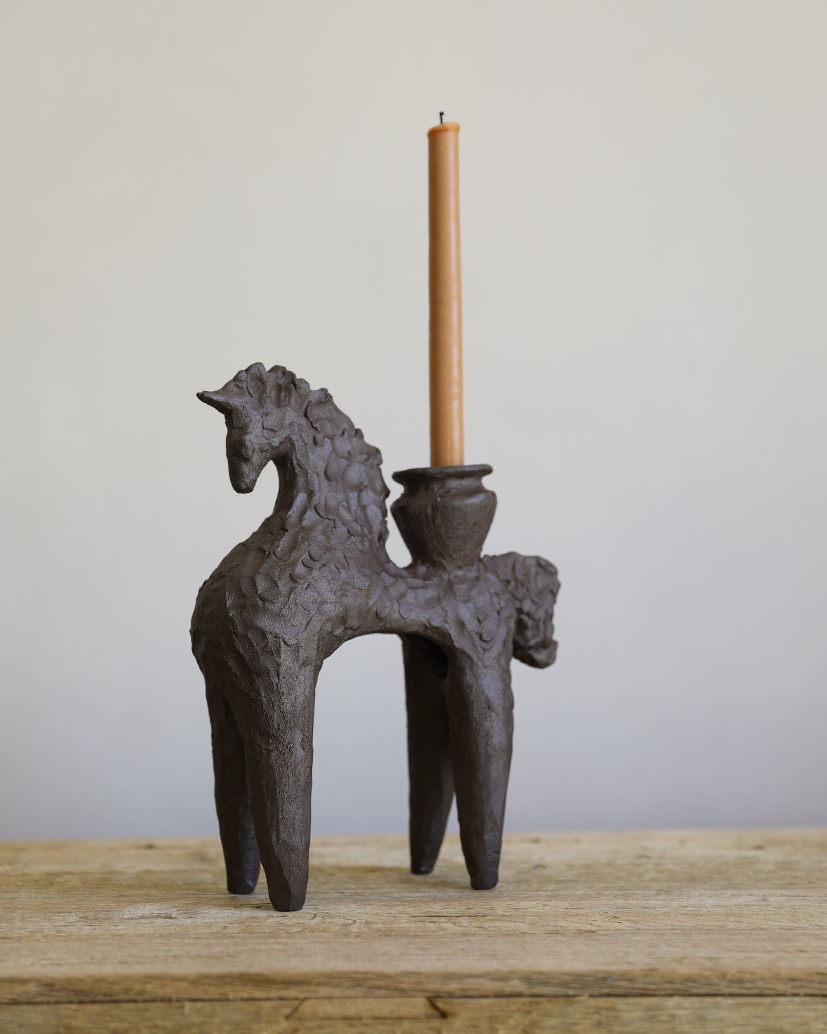 unglazed Fielding Clayworks handmade ceramic horse with pot candle holder