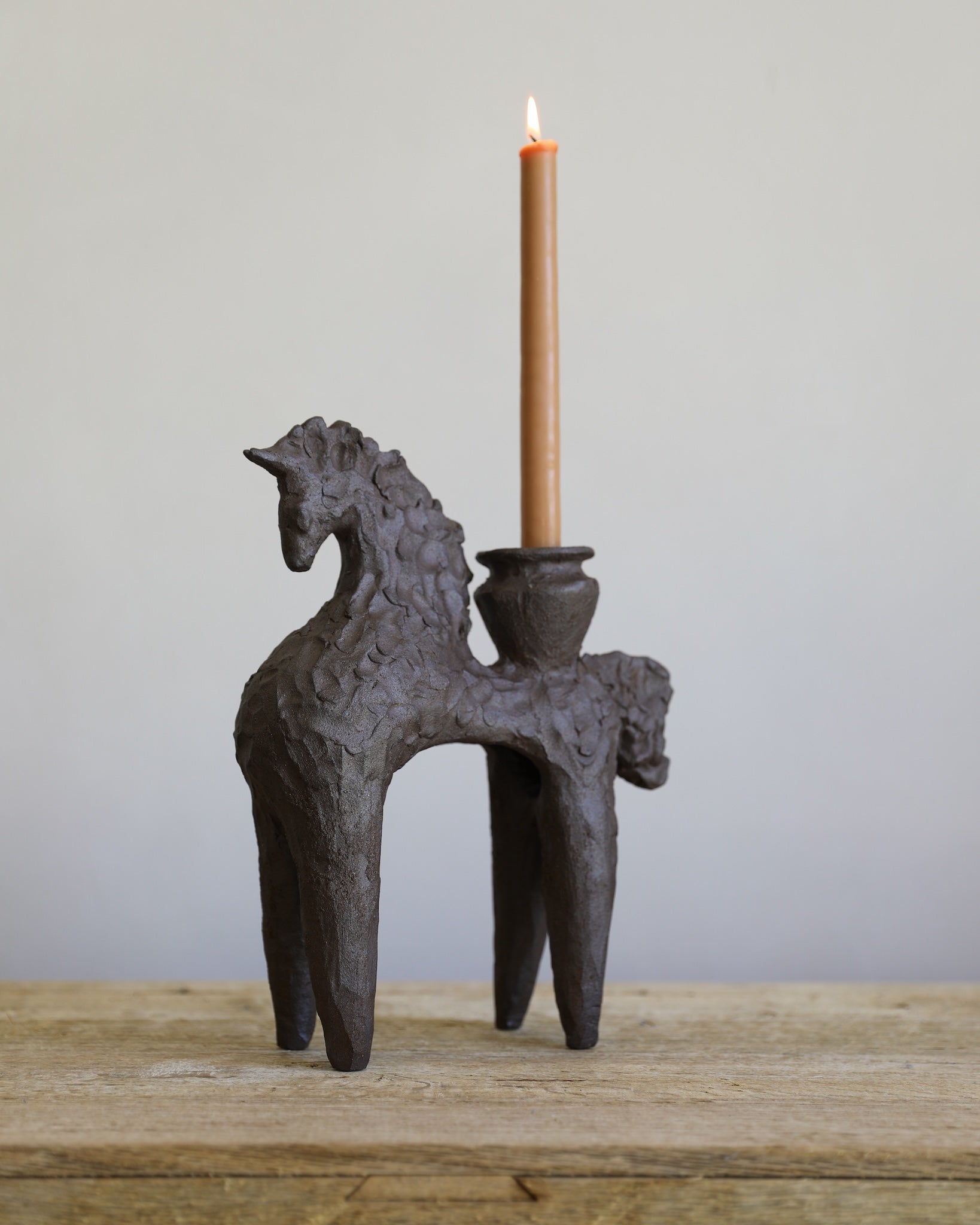 unglazed Fielding Clayworks handmade ceramic horse with pot candle holder