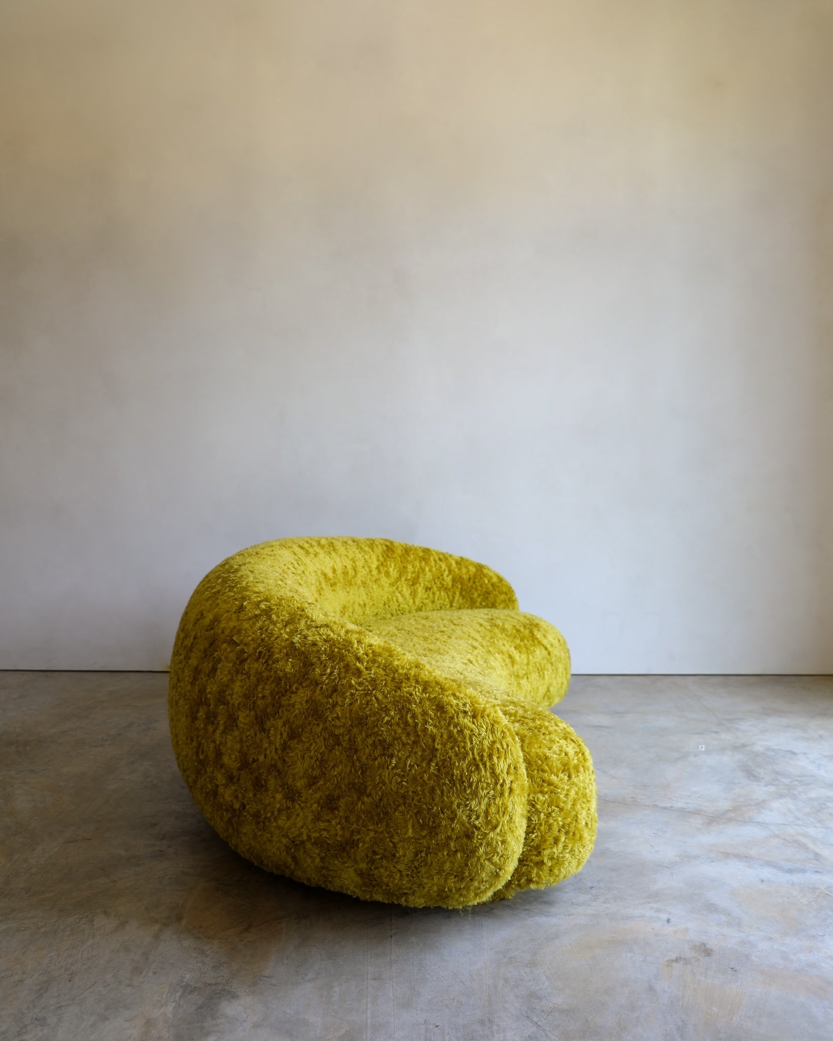 vintage Julep Sofa from Taccini recovered in a brilliant, rich yellow Argo wool mohair from Raf Simmons side view