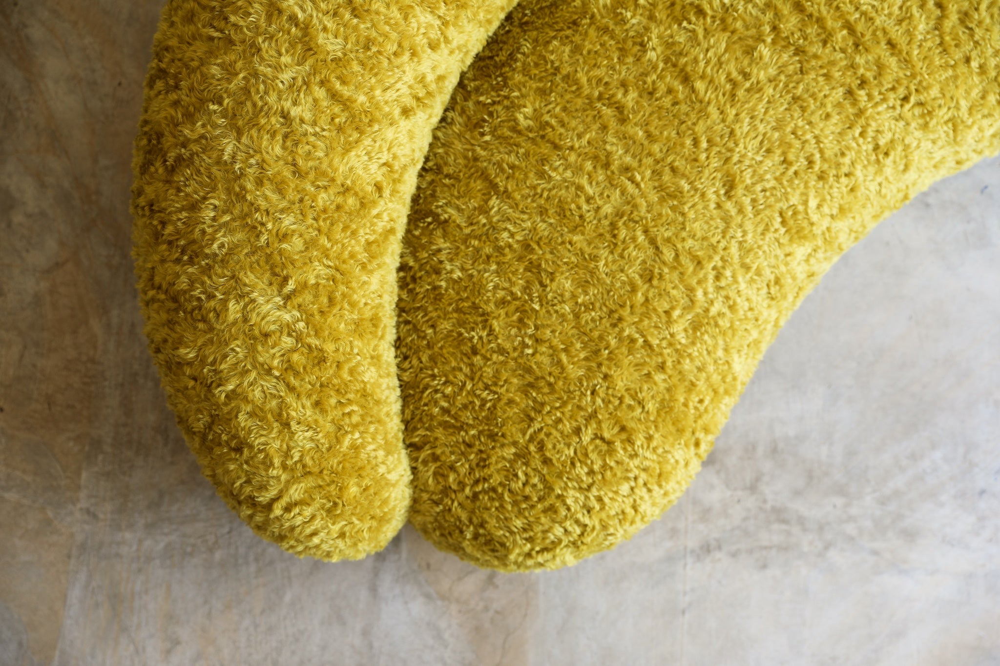 vintage Julep Sofa from Taccini recovered in a brilliant, rich yellow Argo wool mohair from Raf Simmons overhead 