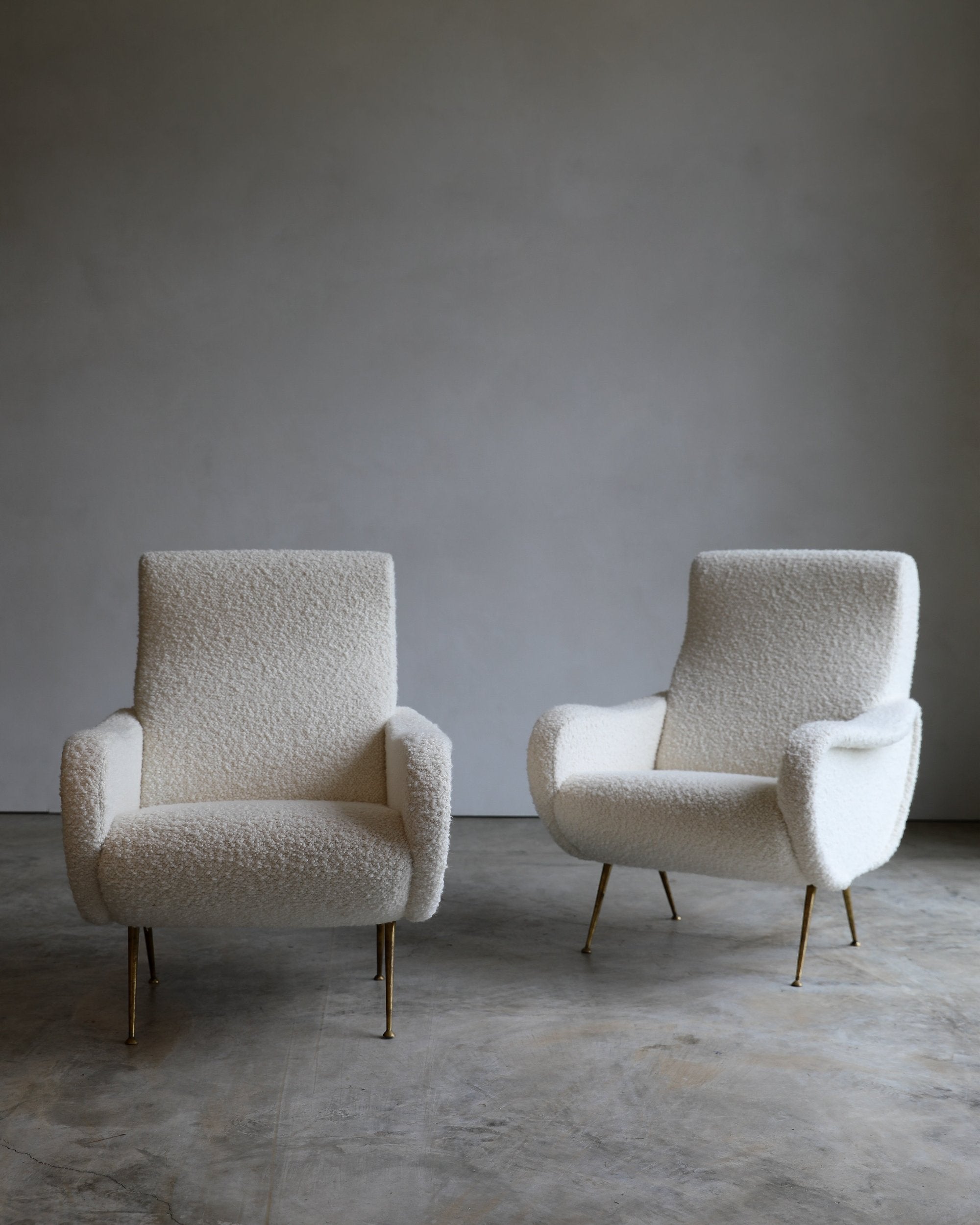 Vintage Marco Zanuso Lady chair white boucle with brass feet pair