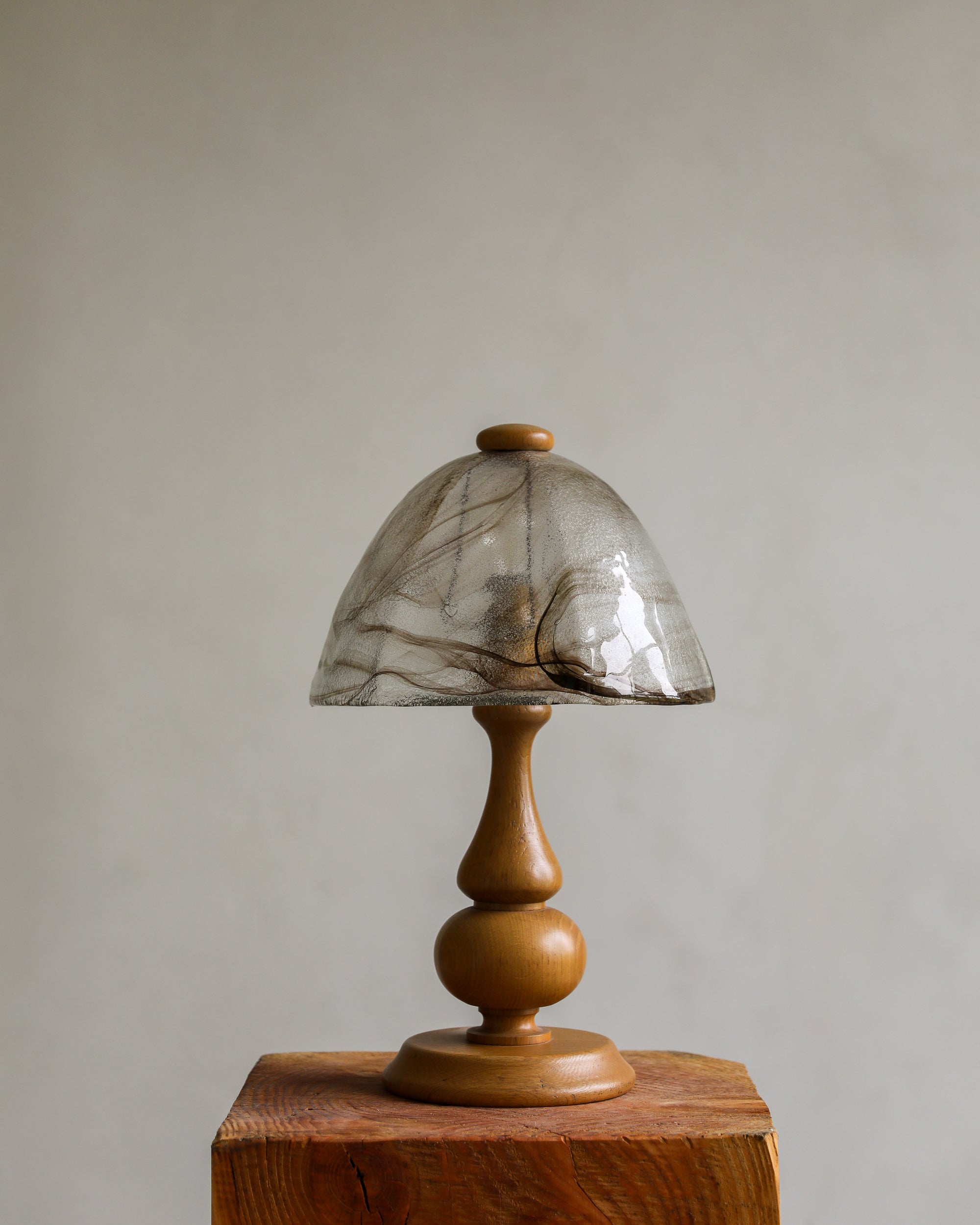 haus of hommeboys vintage table lamp with turned wood base and murano blown glass shade