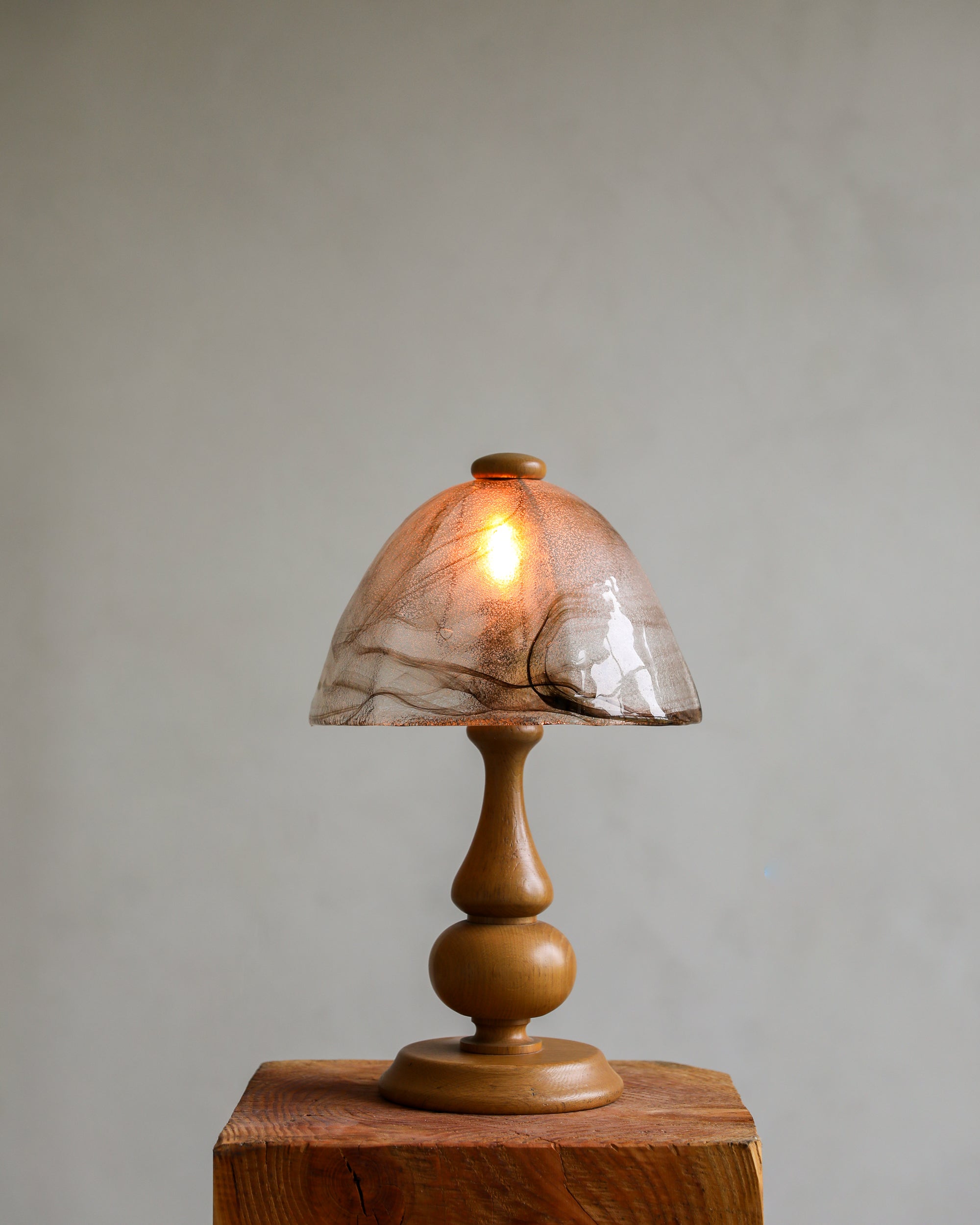 haus of hommeboys vintage table lamp with turned wood base and murano blown glass shade