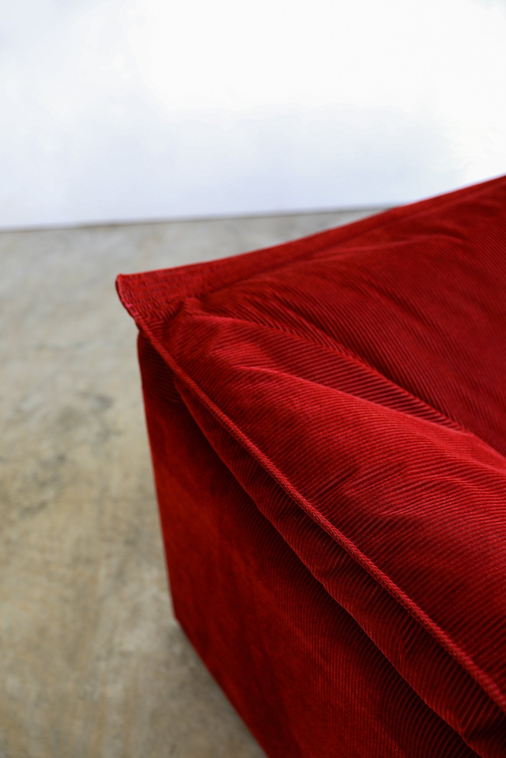 vintage danish Niels Eilersen Monza Sofa reupholstered in red corduroy fabric top detail