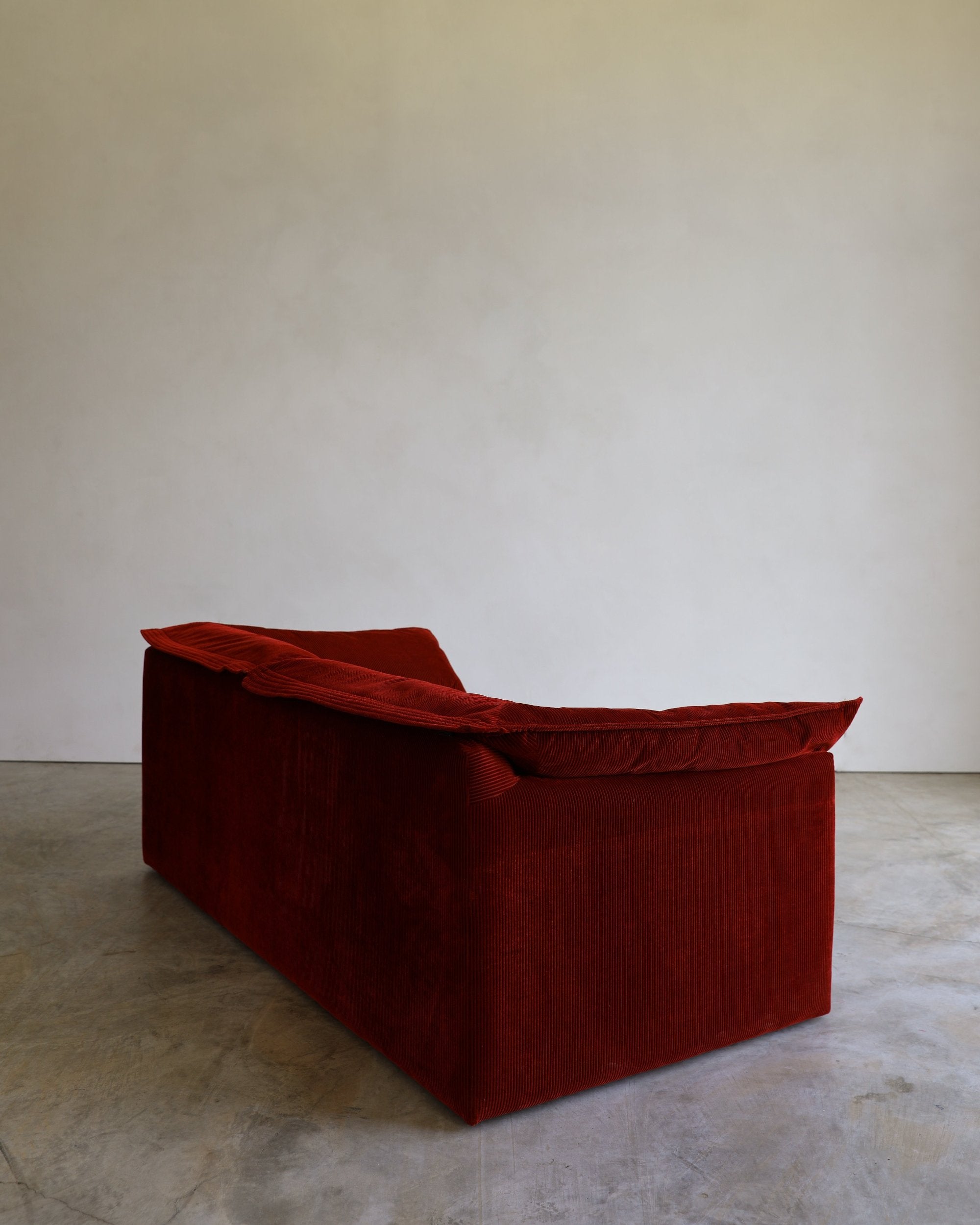 vintage danish Niels Eilersen Monza Sofa reupholstered in red corduroy fabric side back detail