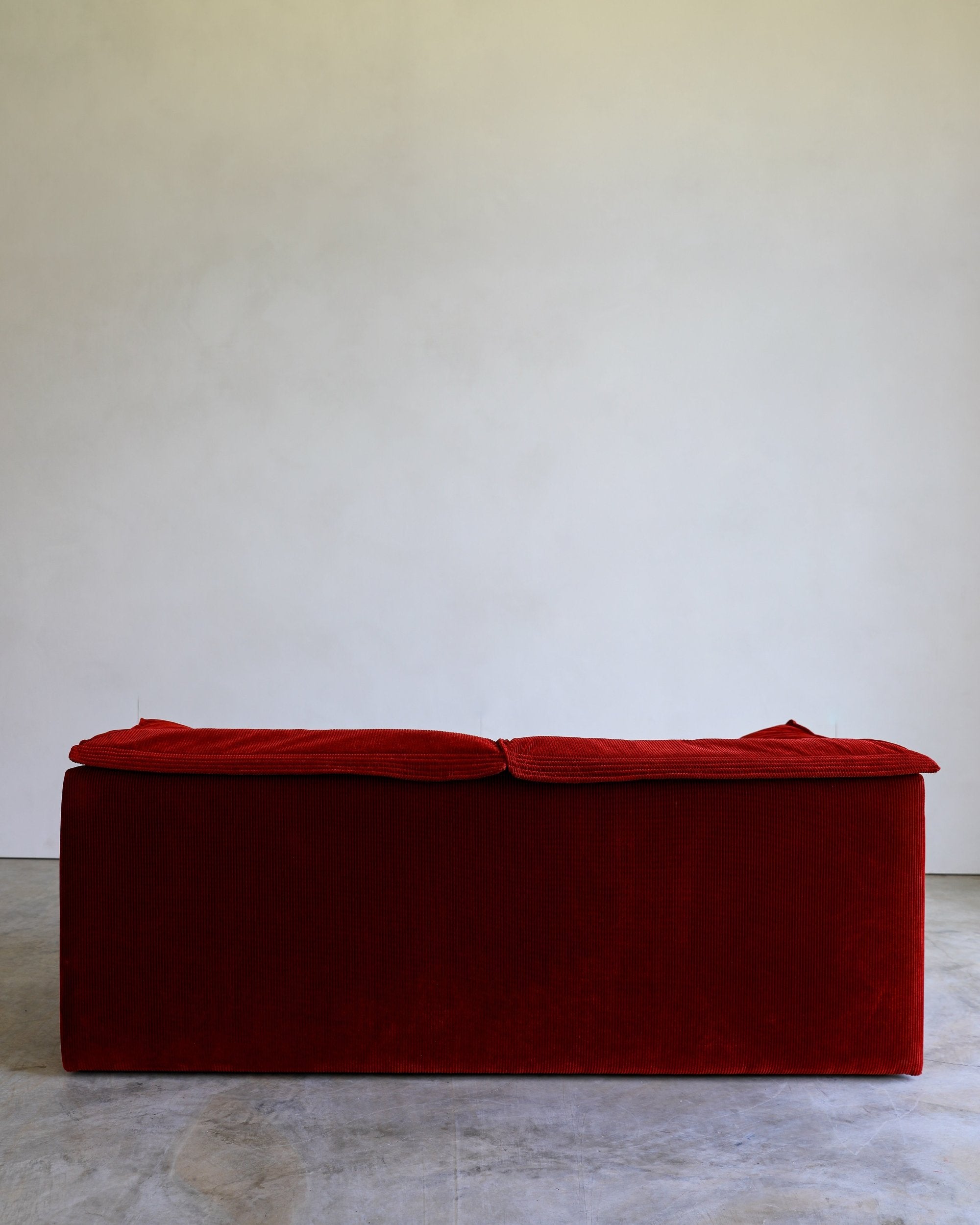 vintage danish Niels Eilersen Monza Sofa reupholstered in red corduroy fabric back detail