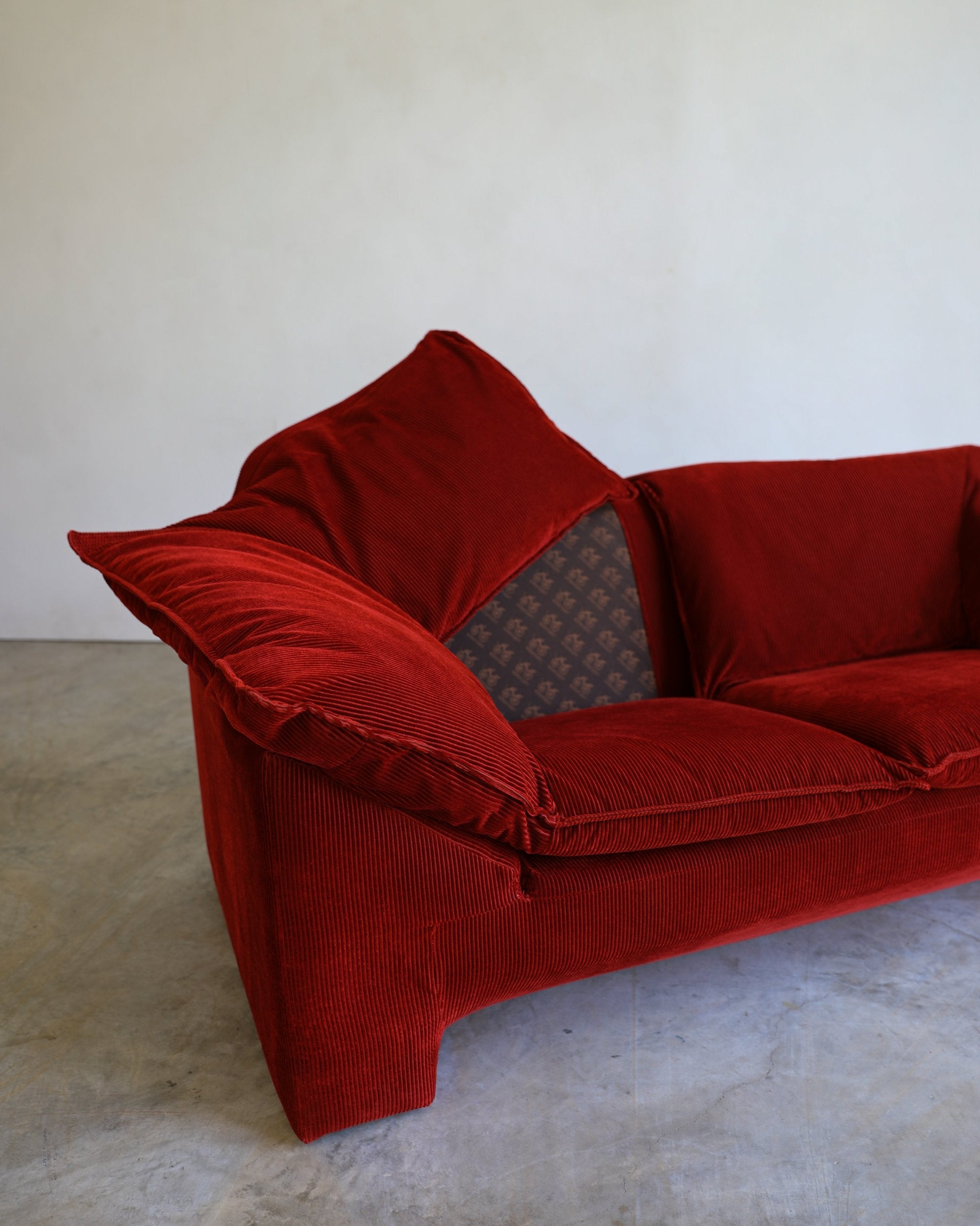 vintage danish Niels Eilersen Monza Sofa reupholstered in red corduroy fabric open cushion back detail