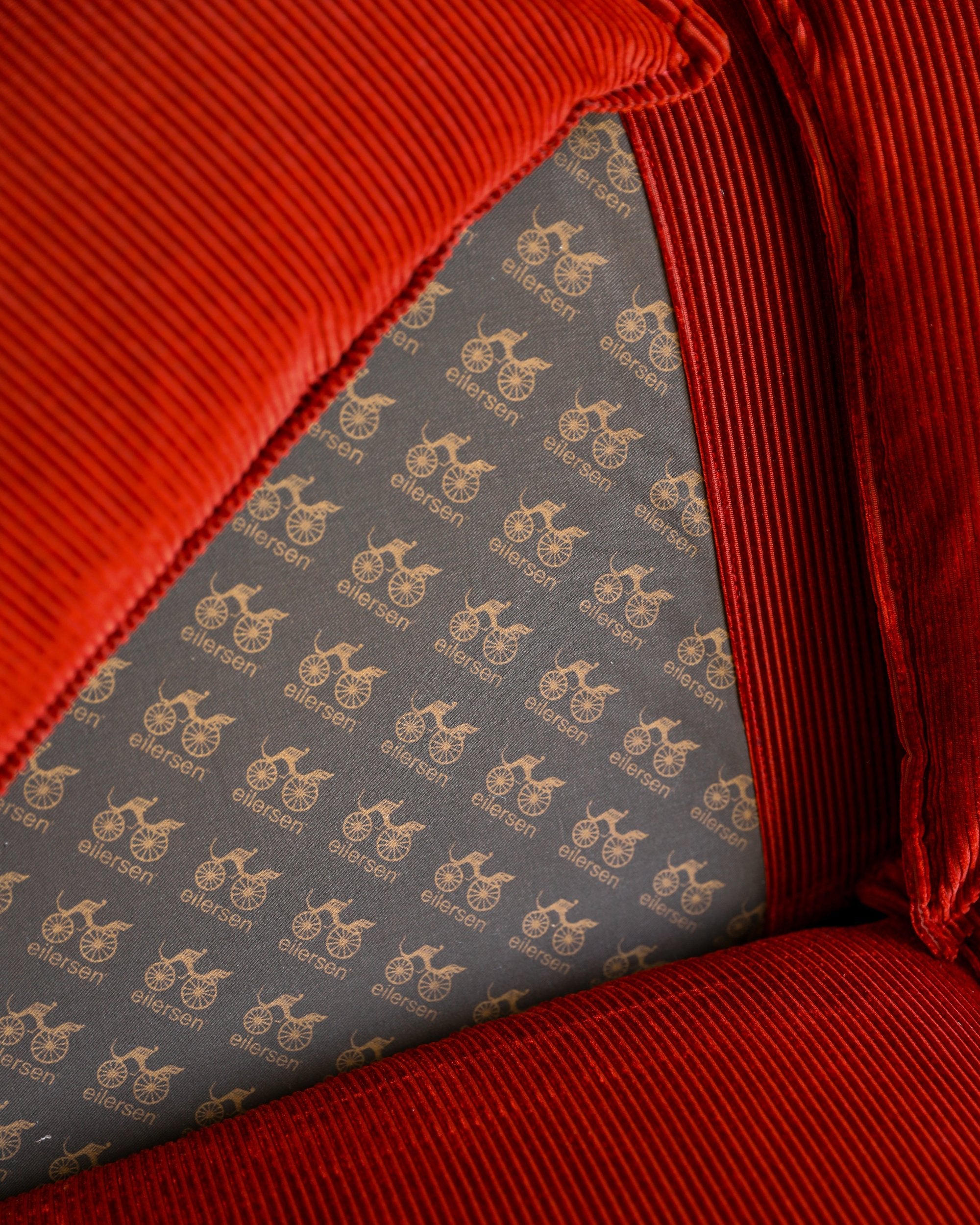 vintage danish Niels Eilersen Monza Sofa reupholstered in red corduroy fabric original fabric detail