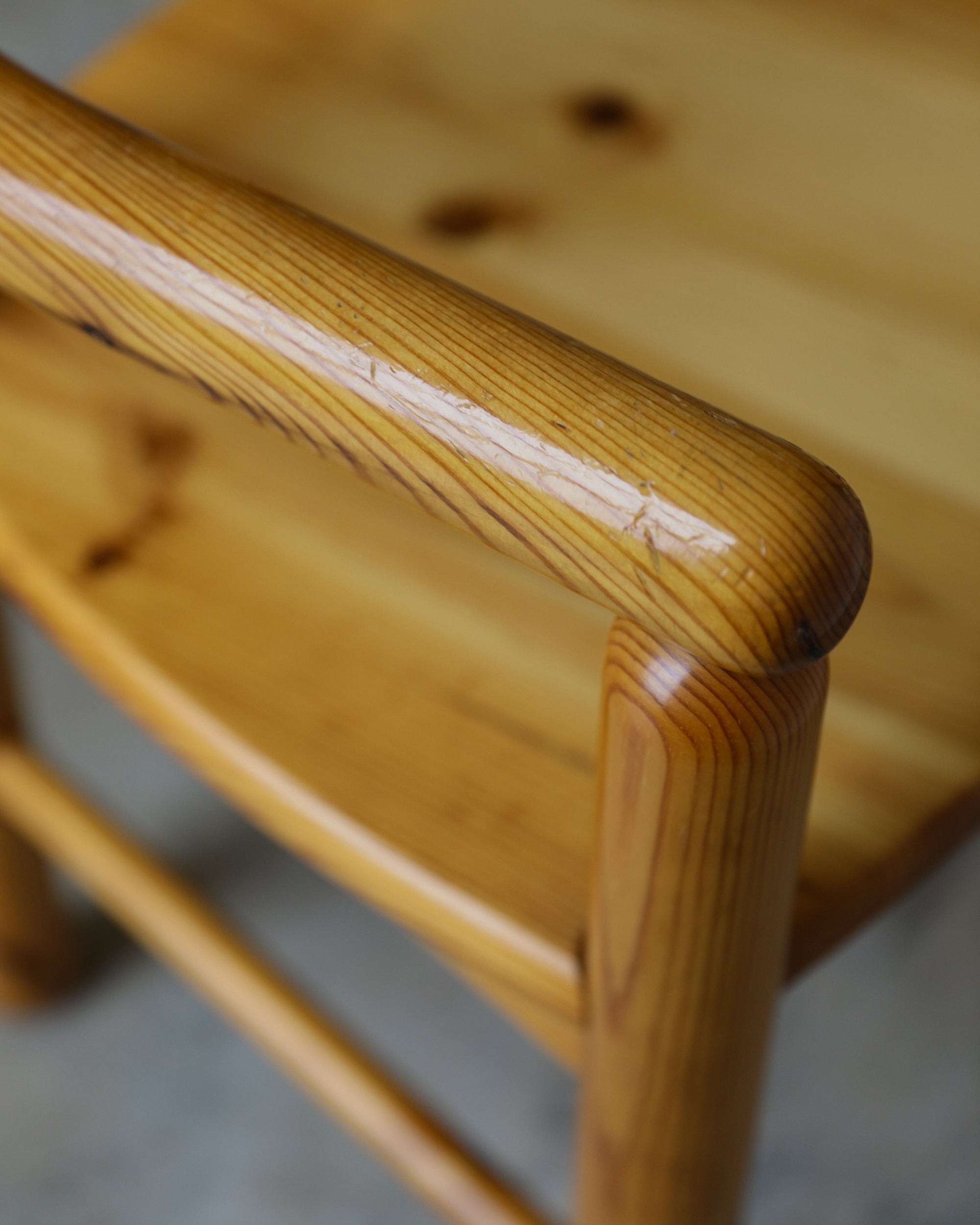 vintage 1970s pine Rainer Daumiller Dining Chairs set of six original finish arm detail