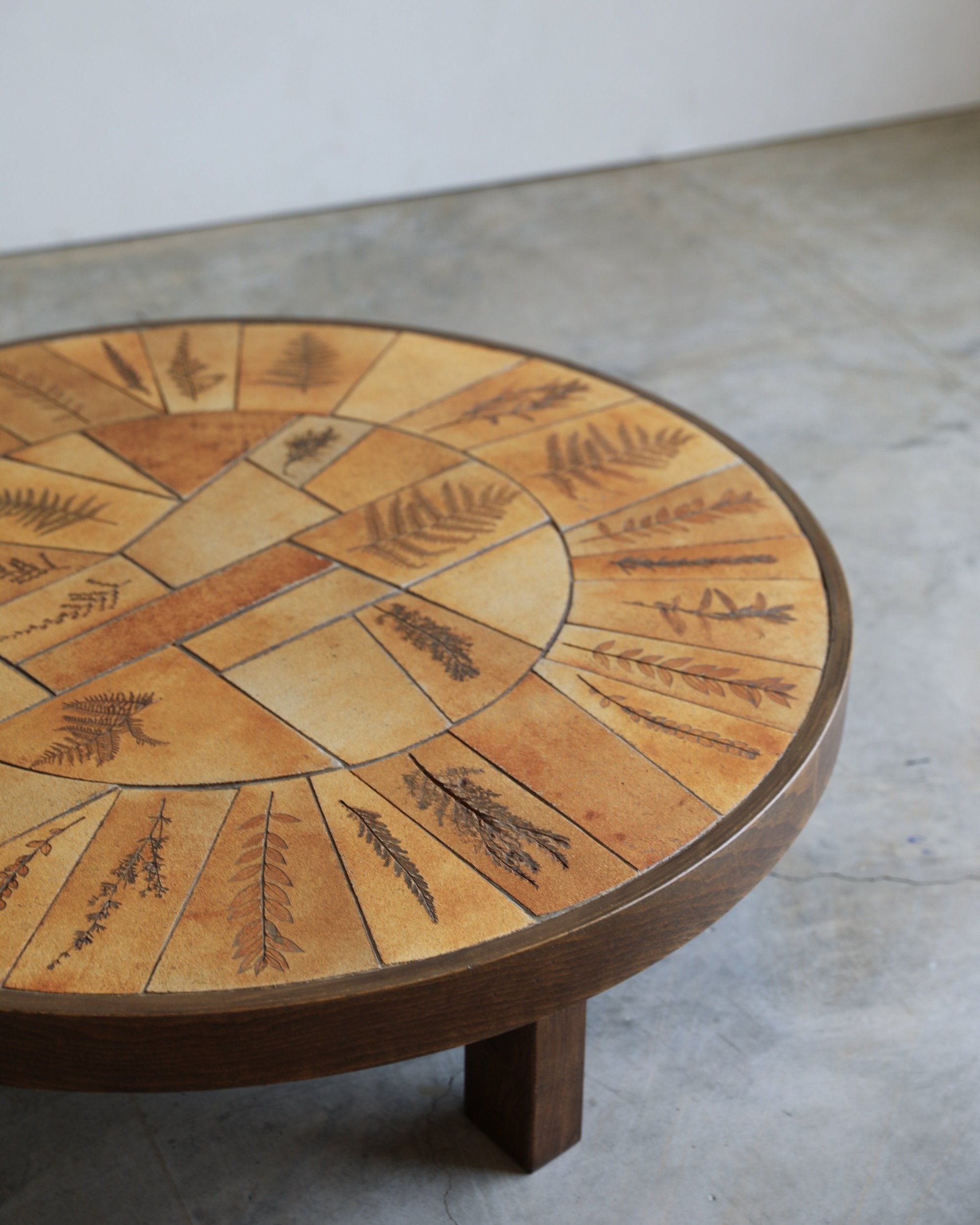 vintage french Raymonde Leduc Vallauris wood and handmade ceramic Coffee Table with leaf imprints marked and signed